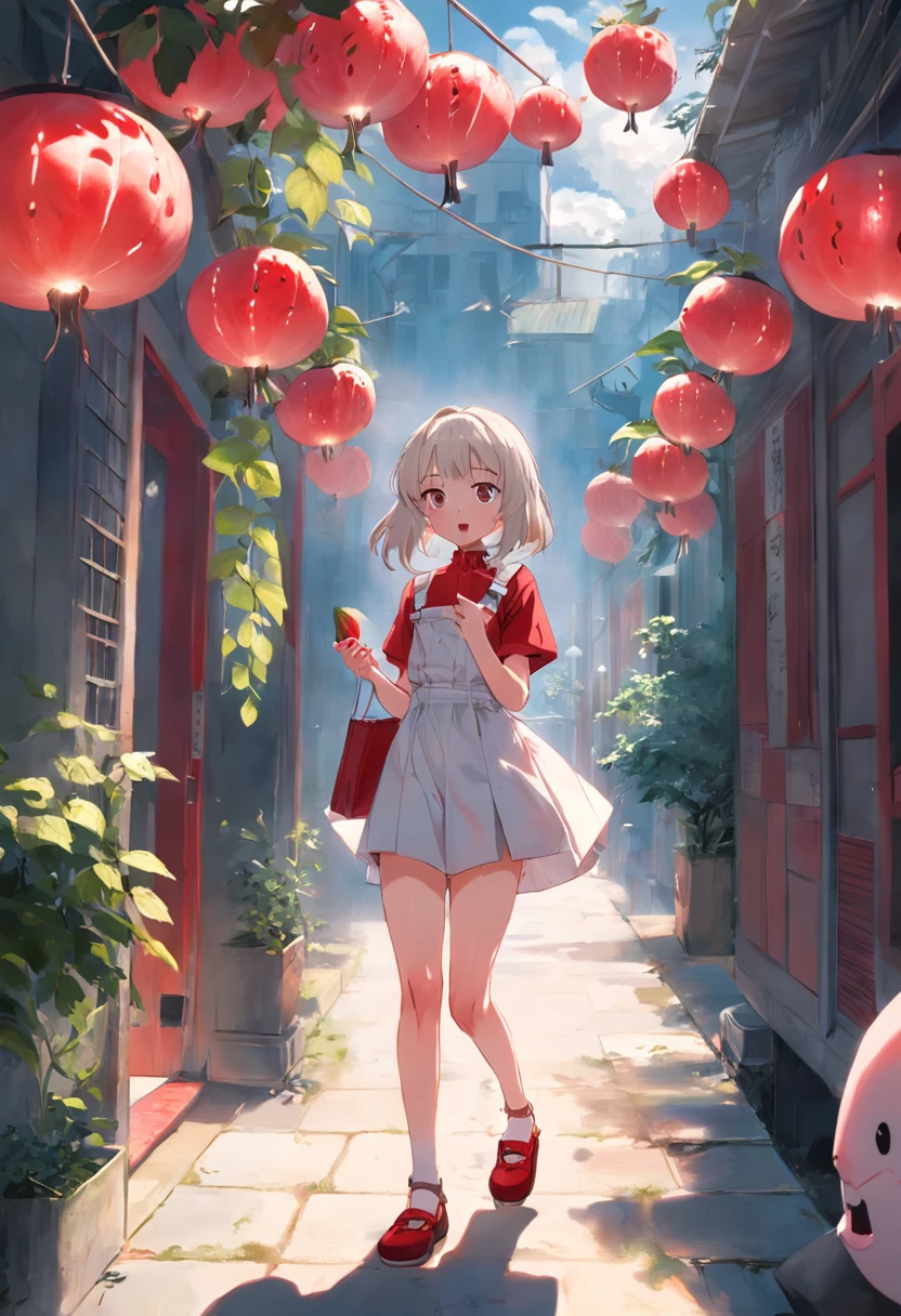 Red-footed girl,White suspenders,courtyard,eating watermelon