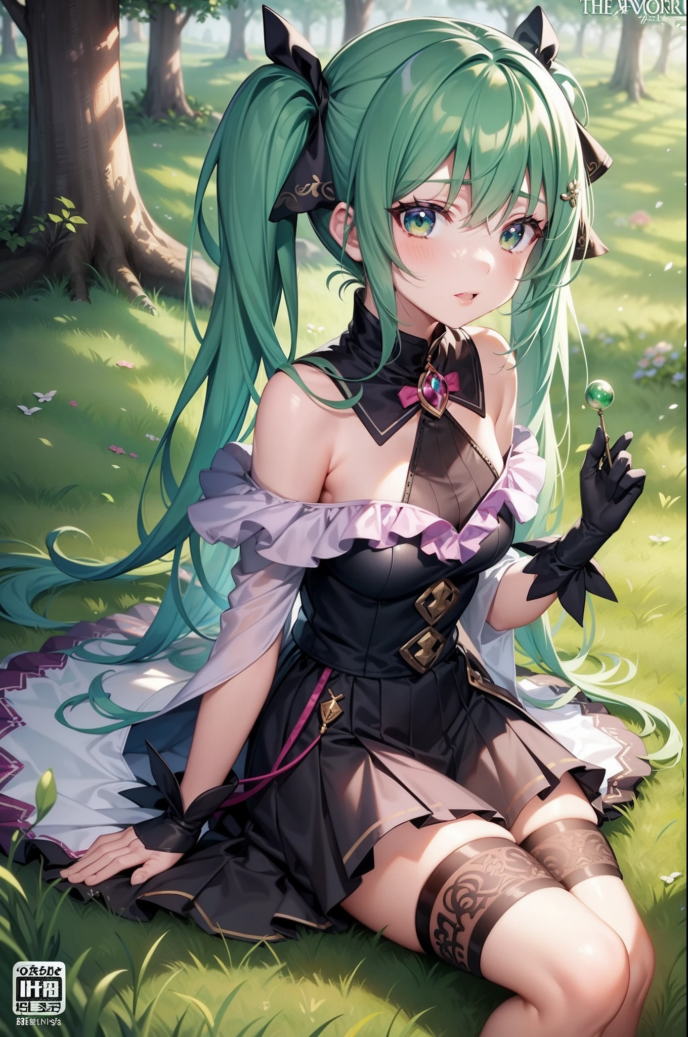 eyes gentle,Jade eyes,Twintails with green hair,Grading genius type who likes to study,Directional tone deafness,Intelligent, prefers green and light clothing,magia,sorcerer,Be curious,Deities々Protection of,Dojikko,an anime girl,Dress in green and pink tones,grass field,Forest People,anime hd wallpaper,Covers intricate details completely