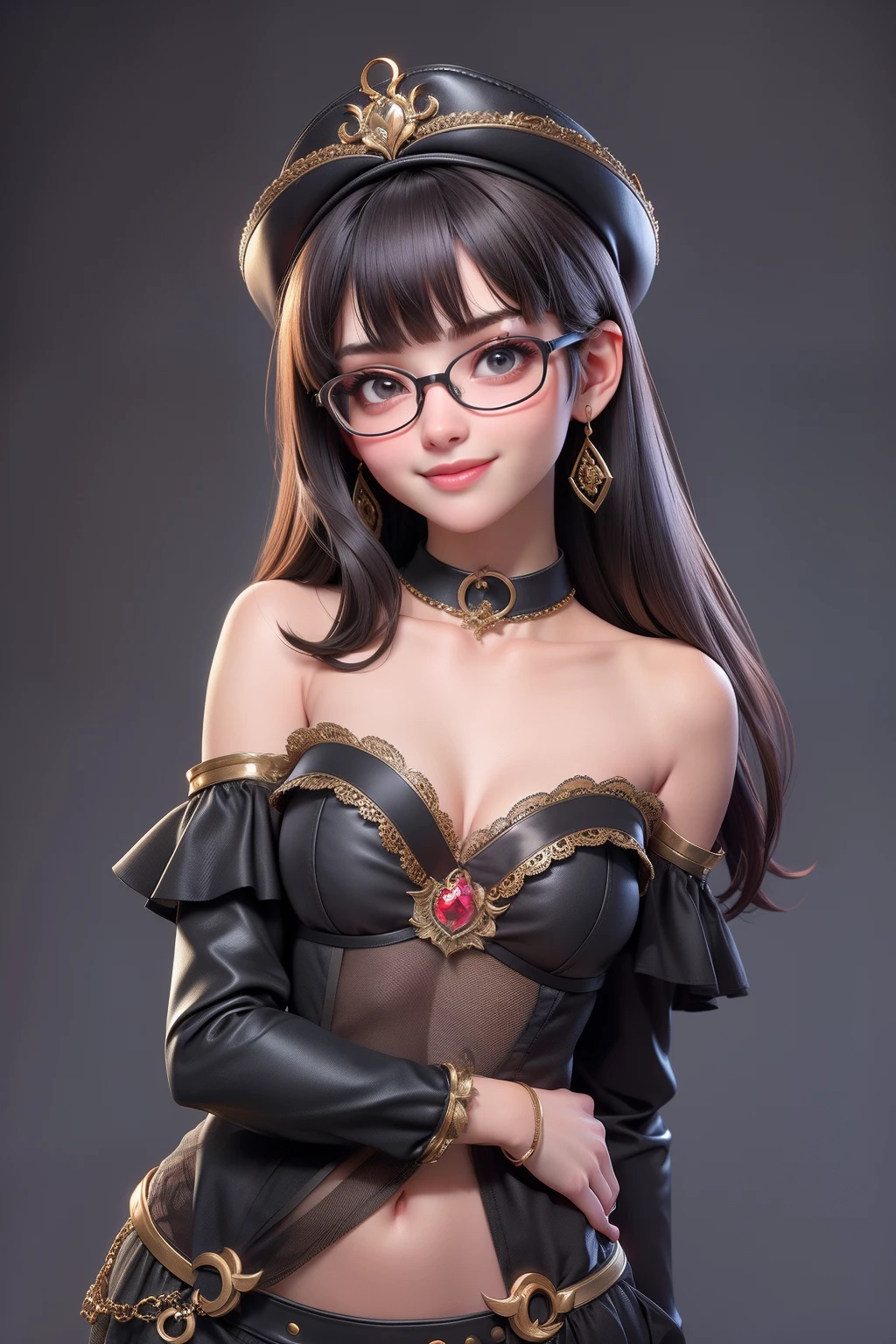 1 cute girl (18yo) glasses, upper body, slim waist, small breast, sexy pose, naugthy face, bangs, random hairstyle, cleavage, navel, collar, collarbone, off shoulder, seductive smile, wear intricately detail hot and sexy outfit, merchant costume, wear unique hat, bright brown and black color. flat gray color for background