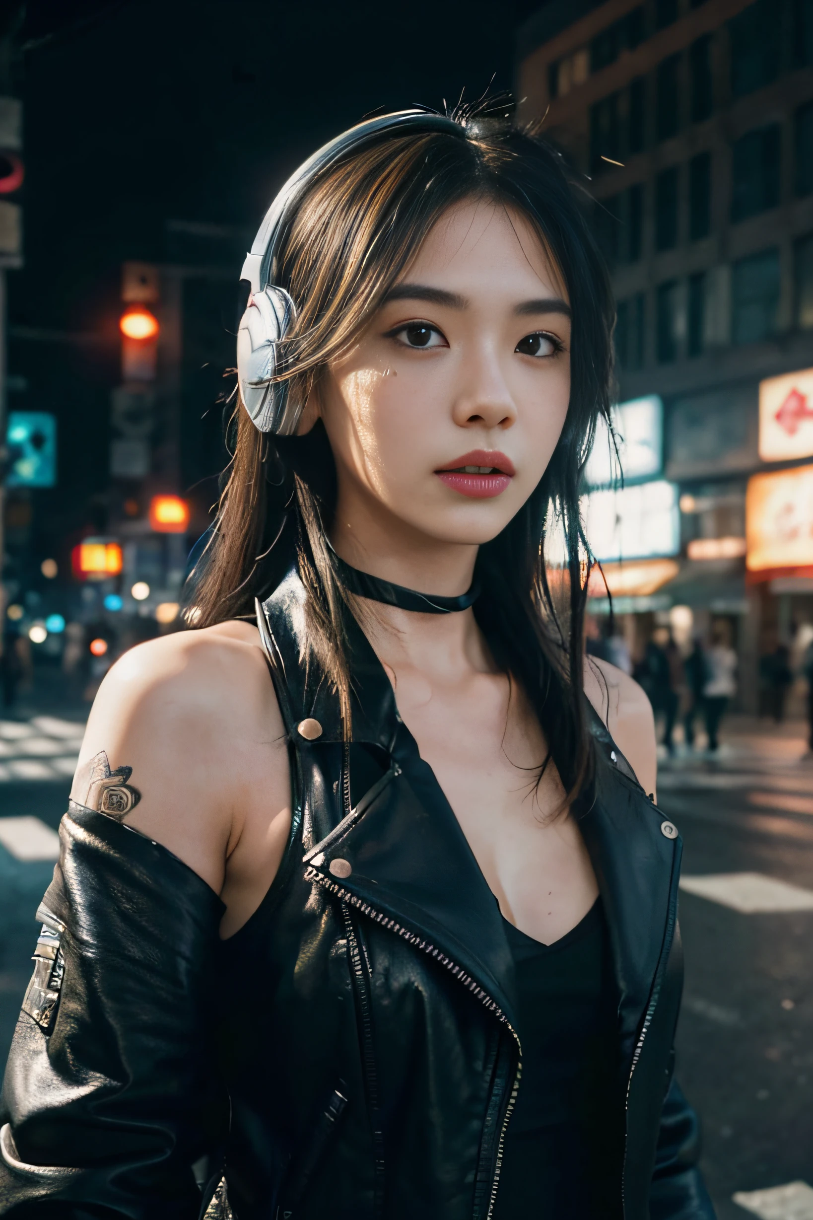 sam yang,1girl, backlighting, bare shoulders, black choker, blurry, blurry background, blush, choker, cleavage, closed mouth, collarbone, forehead, freckles, hair over shoulder, jewelry, long hair, looking down, pointy nose, red lips, shadow, solo, thick eyebrows, thick eyelashes, upper body, white hair , ((masterpiece)),best quality, realistic, photorealistic, award-winning illustration, (intricate details:1.2), (delicate detailed), (intricate details), (cinematic light, best quality Backlights), clear line, sharp focus, official art, unity 8k wallpaper, absurdres, incredibly absurdres, huge filesize, ultra- (in_main_street:1.21), (neon lamp),fantasy art, rtx,((award winning studio closeup photo of a triangle)),(Full tattoo),(closed mouth),small breasts,((Cyberpunk city Street, Battle Maiden,Katana, robot arm)),(Cyberpunk blouse, leather jacket, Martin boots),(headphones_around_neck),(headphones_around_hair)