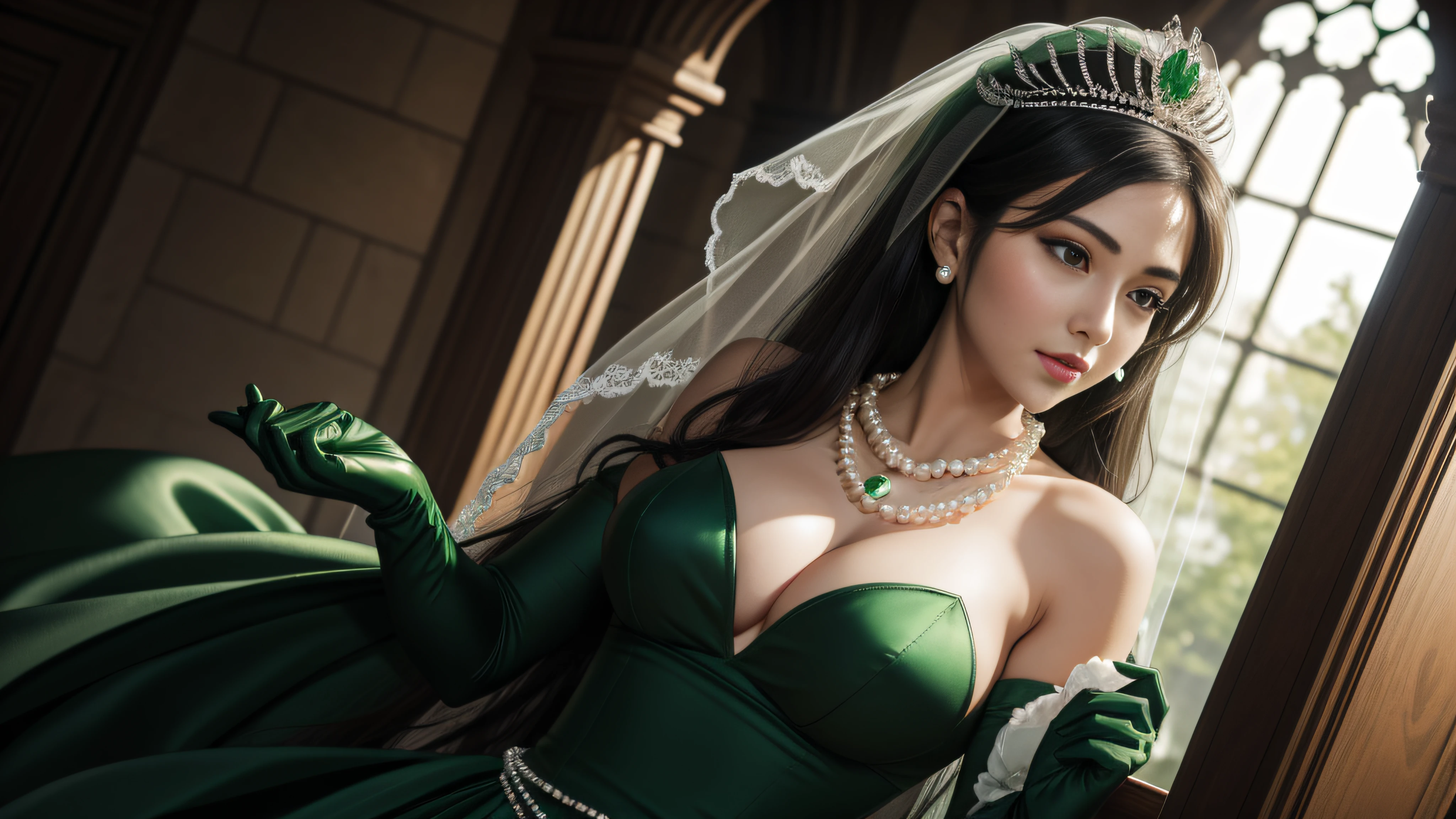 Green Dress Flower Cleanser,Sense of atmosphere, best qualtiy,tmasterpiece,1girll,30-years old,Green dress,Daytime Church,full body Esbian, Green gloves,With short black hair,big breasts beautiful,looking at viewert,ssmile,Green Bridal Veil,Green Long Grove,Satin green long gloves, lipsticks, Pearl Necklace、Green gloves, emerald tiara, A Japanese Lady