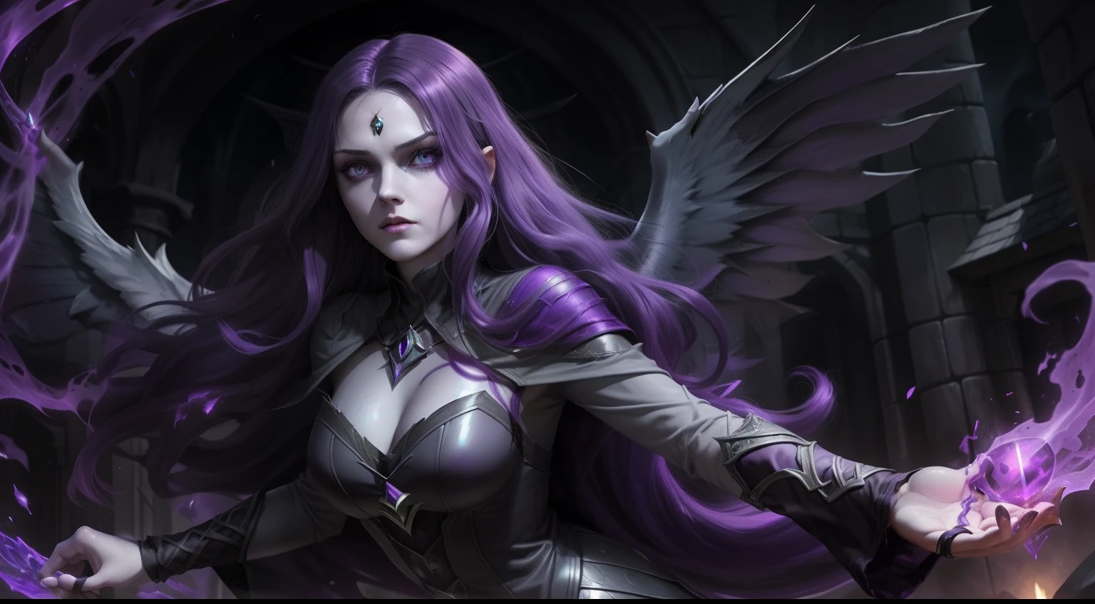 Morgana league of legends, deadly pale gray skin, grey skintone, dead skintone, long purple hair, purple eyes, cursed, black angel wings, purple magical orbs in her hands, grey skin color, cursed wizard, purple magic on her hands, purple magical dust surrounding her, morgana