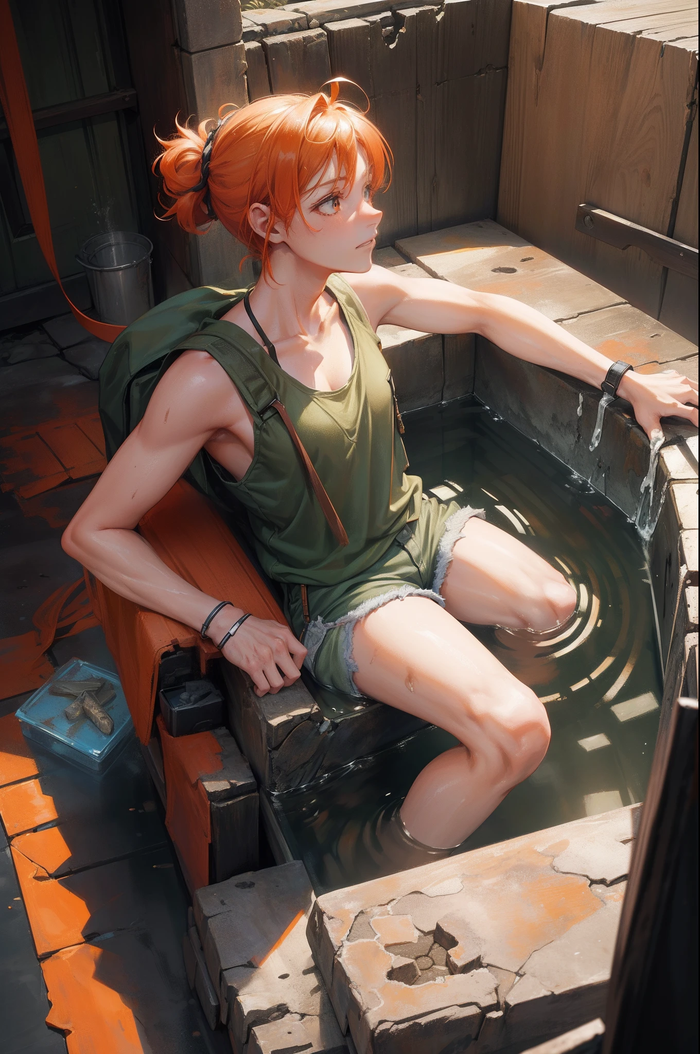 Tank top, Shorts, orange color hair, (ancient ruin:1.1),Adventurous woman, (Avoid traps:1.1), Pistol holder on the thigh, Khaki backpack, hair tied, dense woods, subtropical, machete, Treasure Hunter, Fuji Film, F/1.2, (16 K, 8K, awardwinning, Best Quality, hight resolution, high details, Super Detail, Anatomically correct, Textured skin, masutepiece:1.4, nffsw),Whole body mud stains,Rugged look,caves,Treasure Bag,Multifunction watch,(Feeling nervous and elated:1.2),A scene from an action movie,Bathing in the Amazon River,Poses in motion,Action Actress,scrapes,A big round rock rolls towards you