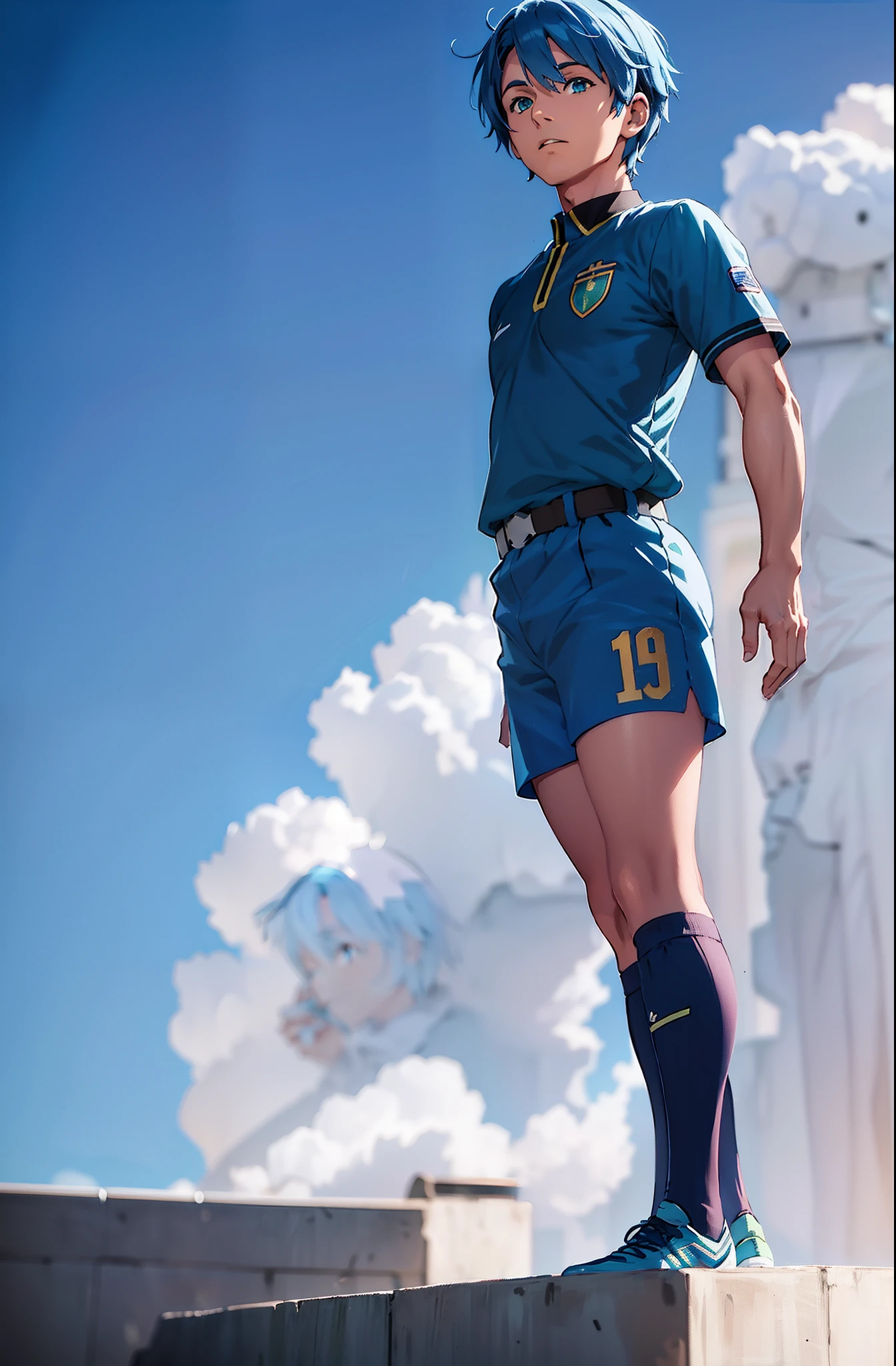  de anime em uniforme azul posando para uma foto, uniform de futebol,No estilo Kyrill Kotashev, Fanart oficial Behance HD, blue hair,phosphophyllite