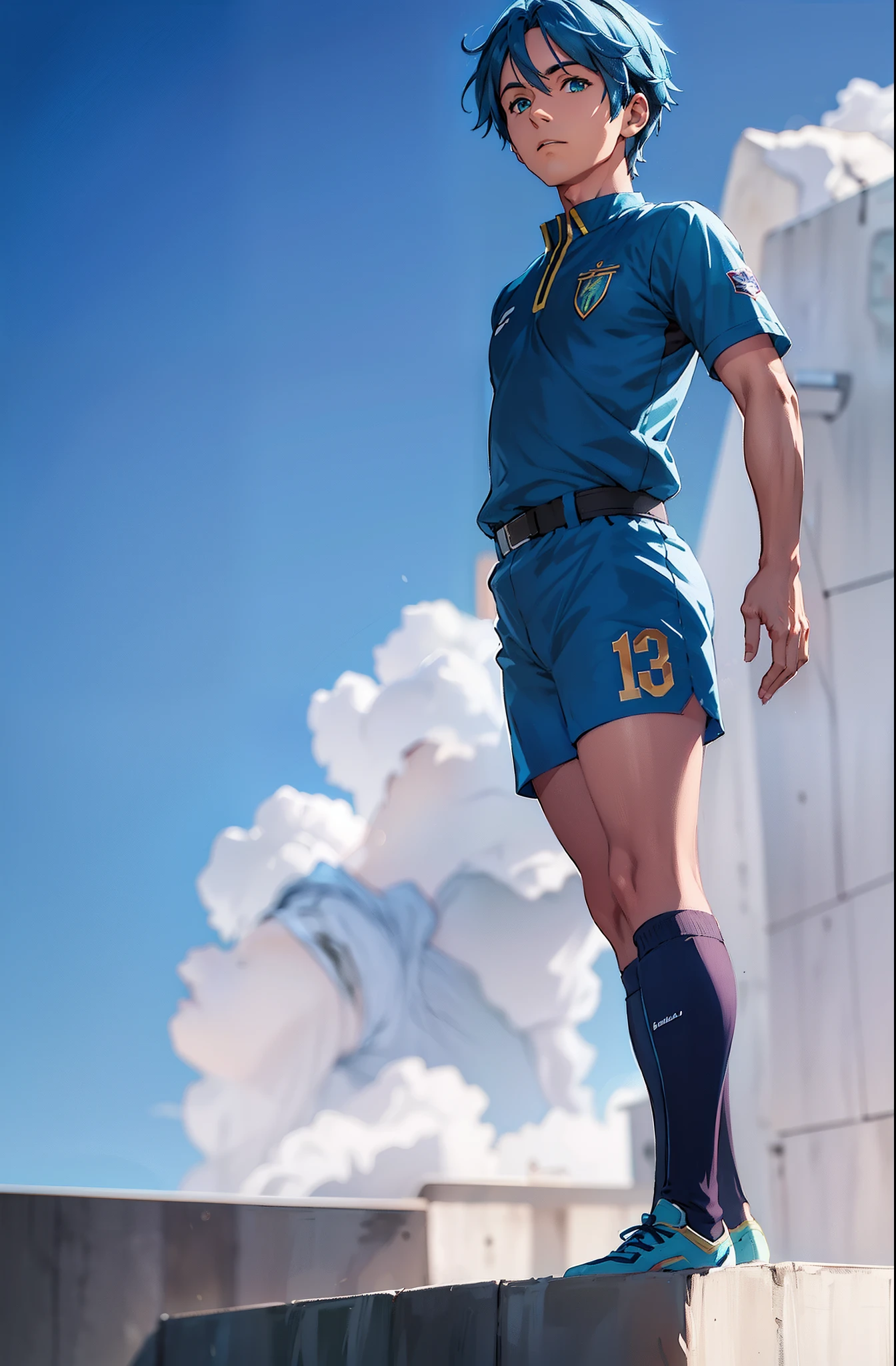 Menino de anime em uniforme azul posando para uma foto, uniform de futebol,No estilo Kyrill Kotashev, Fanart oficial Behance HD, blue hair,phosphophyllite