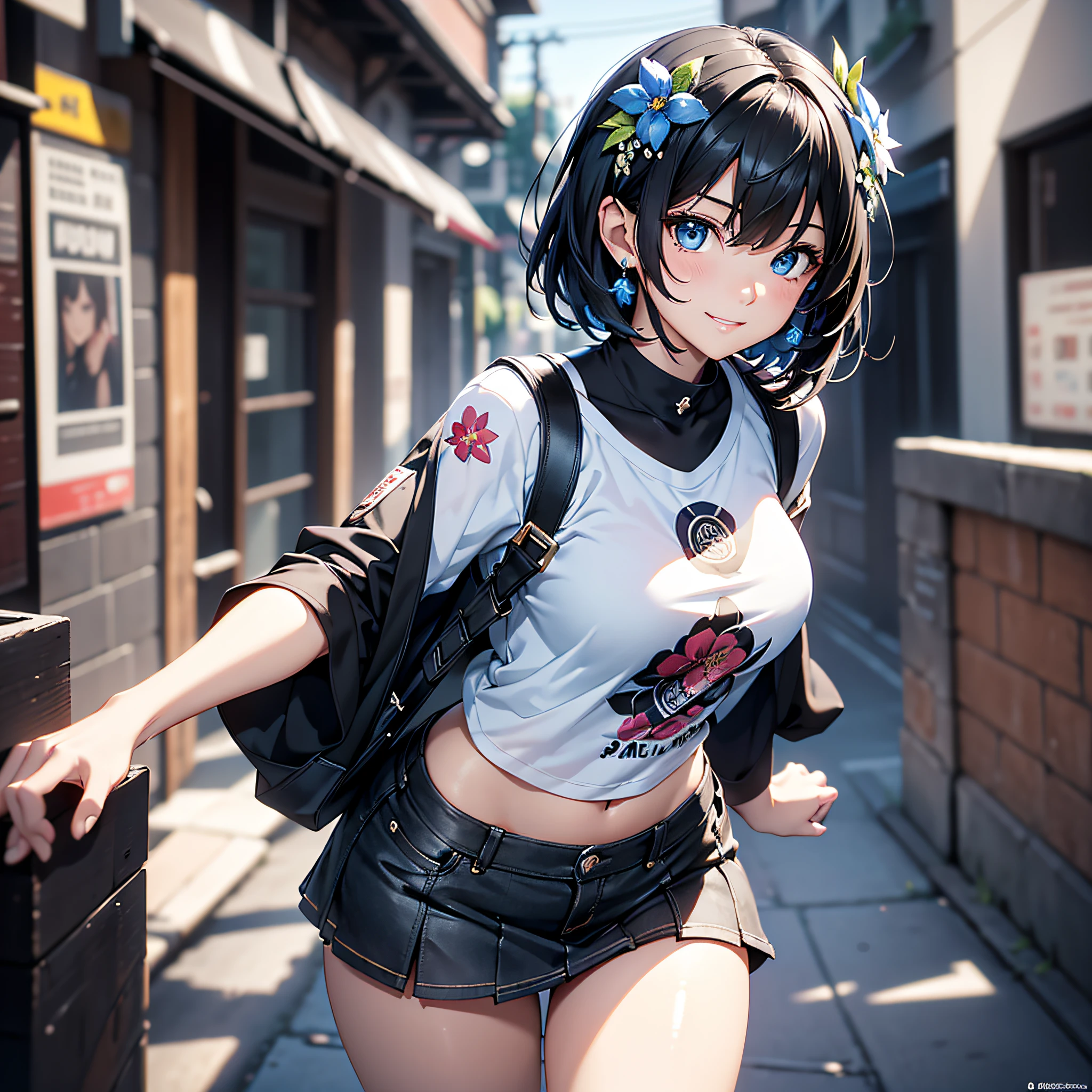 (Best Quality、in 8K、32K、masutepiece、ultra-detailliert、超A high resolution、Impresionismo、Photorealsitic:1.2)、Dynamic lighting、dynamic shot、Detailed 3D rendering、Moody lighting、Detailed beautiful face and eyes、A slender、Medium bust、Full body、 Highly detailed background、beauitful face、blurry backround、20-year-old beauty、super detailed skin、Black hair、short-hair、Blue eyes、Floral hair ornament、miscievous smile、(thighs thighs thighs thighs:0.9)、T-shirt for upper body、a miniskirt
