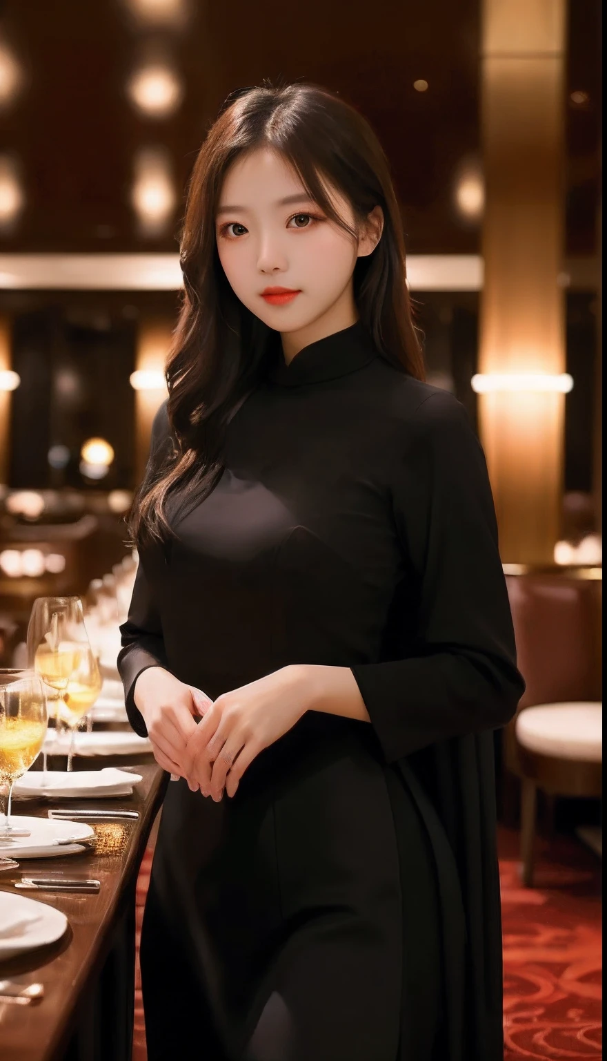 A stylish young woman in a luxurious restaurant, her eyes locked onto the camera lens, the ambient lighting creating a romantic atmosphere, showcasing her confidence and allure, --ar 16:9 --v 5
