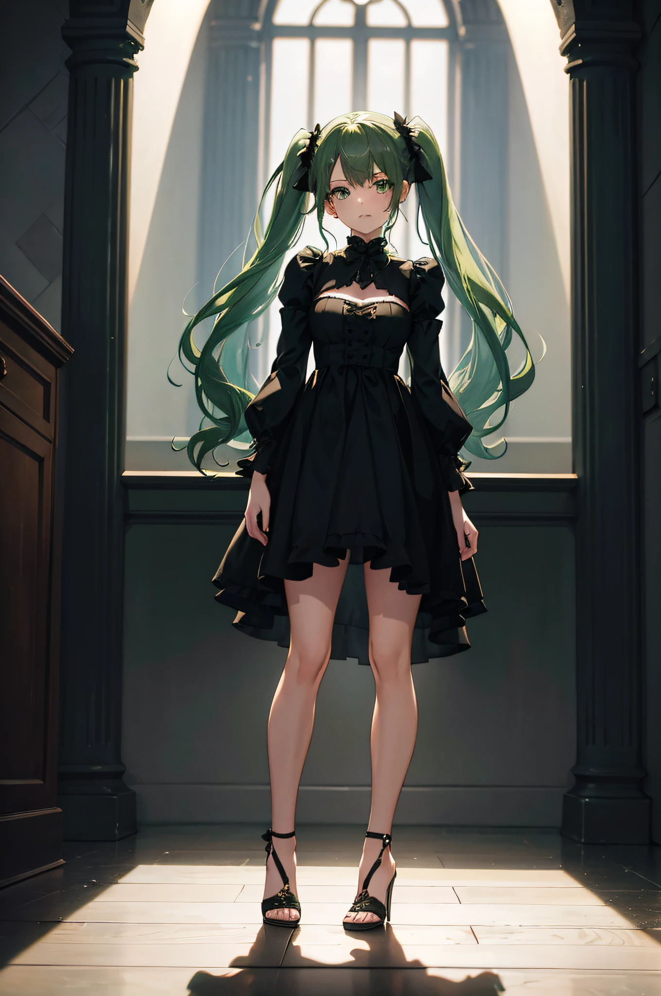 1girl, green hair in twin tails, green eyes, wearing a black dress, standing, high heels, castle, absurdres, high res, ultrasharp, 8K, masterpiece, looking at viewer, perfect face, full body