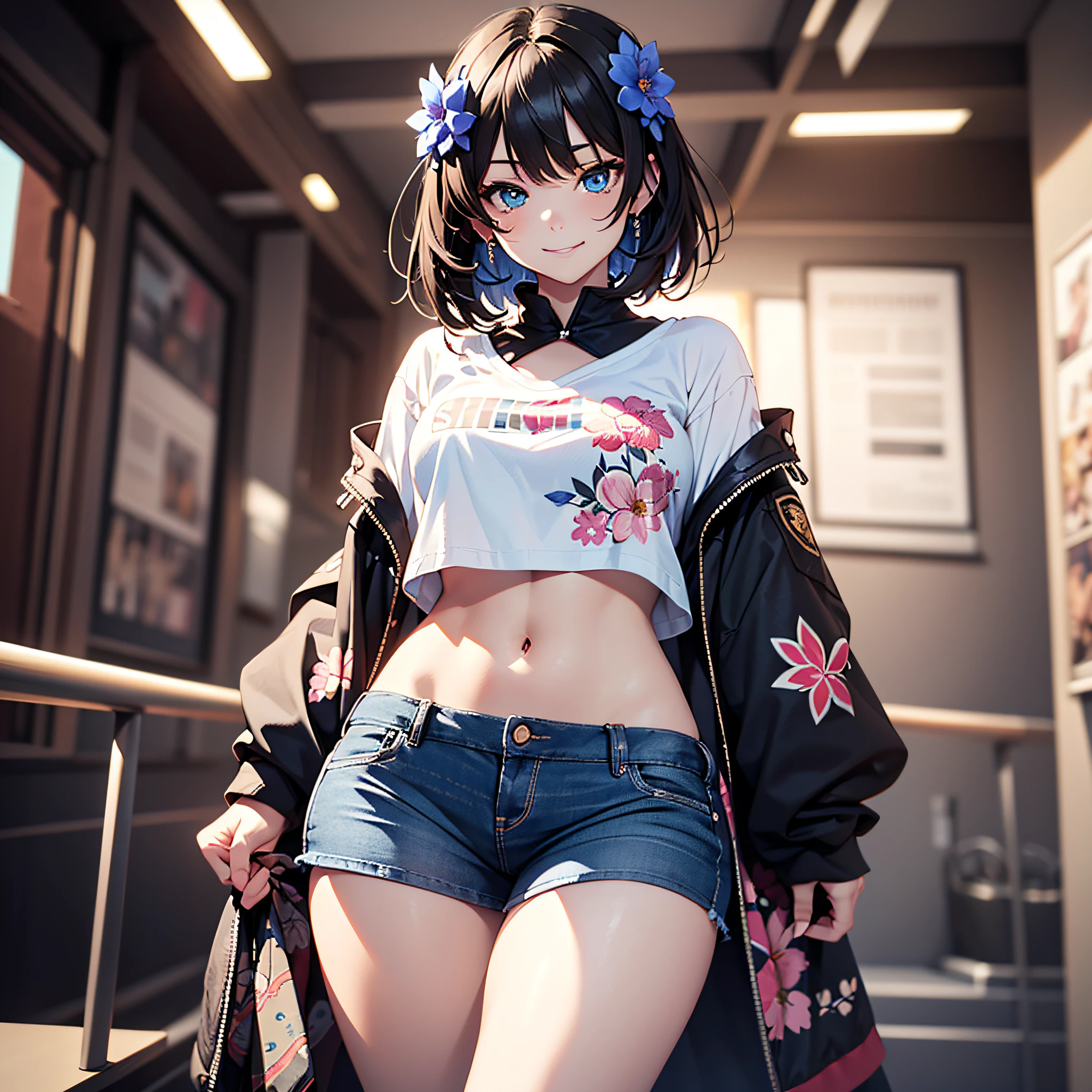(Best Quality、in 8K、32K、masutepiece、ultra-detailliert、超A high resolution、Impresionismo、Photorealsitic:1.2)、Dynamic lighting、dynamic shot、Detailed 3D rendering、Moody lighting、Detailed beautiful face and eyes、A slender、Medium bust、Full body、 Highly detailed background、beauitful face、blurry backround、20-year-old beauty、super detailed skin、Black hair、short-hair、Blue eyes、Floral hair ornament、miscievous smile、(thighs thighs thighs thighs:0.9)、T-shirt for upper body、a miniskirt