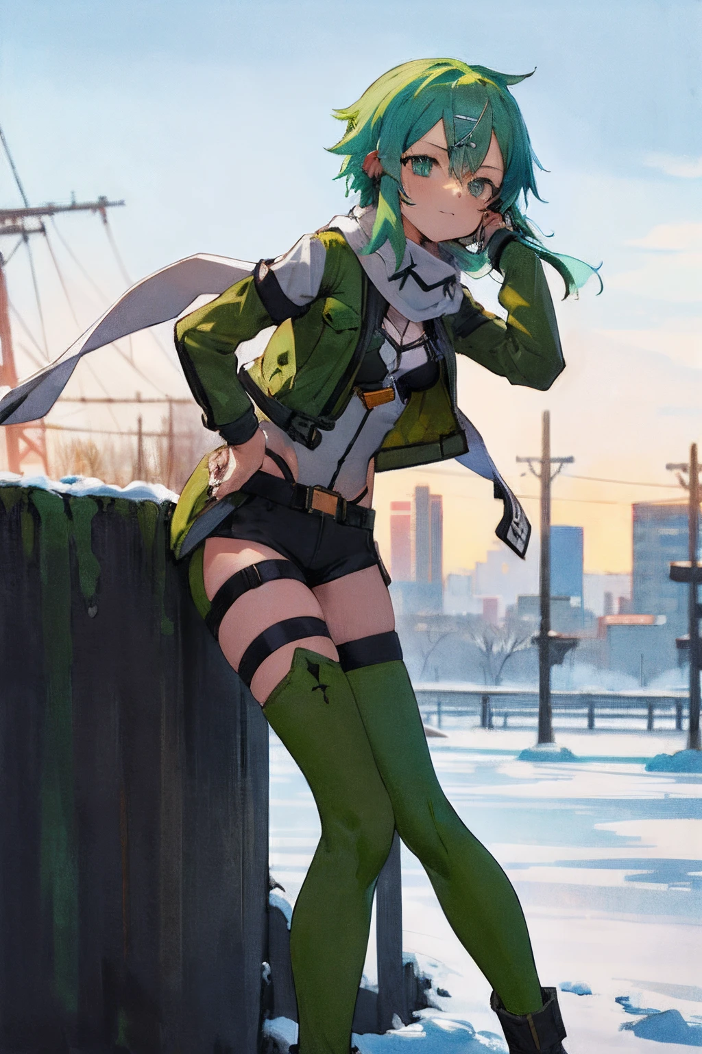 masterpiece, best quality, highres, 1girl, sinon1, scarf, long sleeves, short shorts, hair ornament, hairclip, green thighhighs, green jacket, thigh strap, hand on hip, leaning forward, :i, outdoors, hand on own knee,
