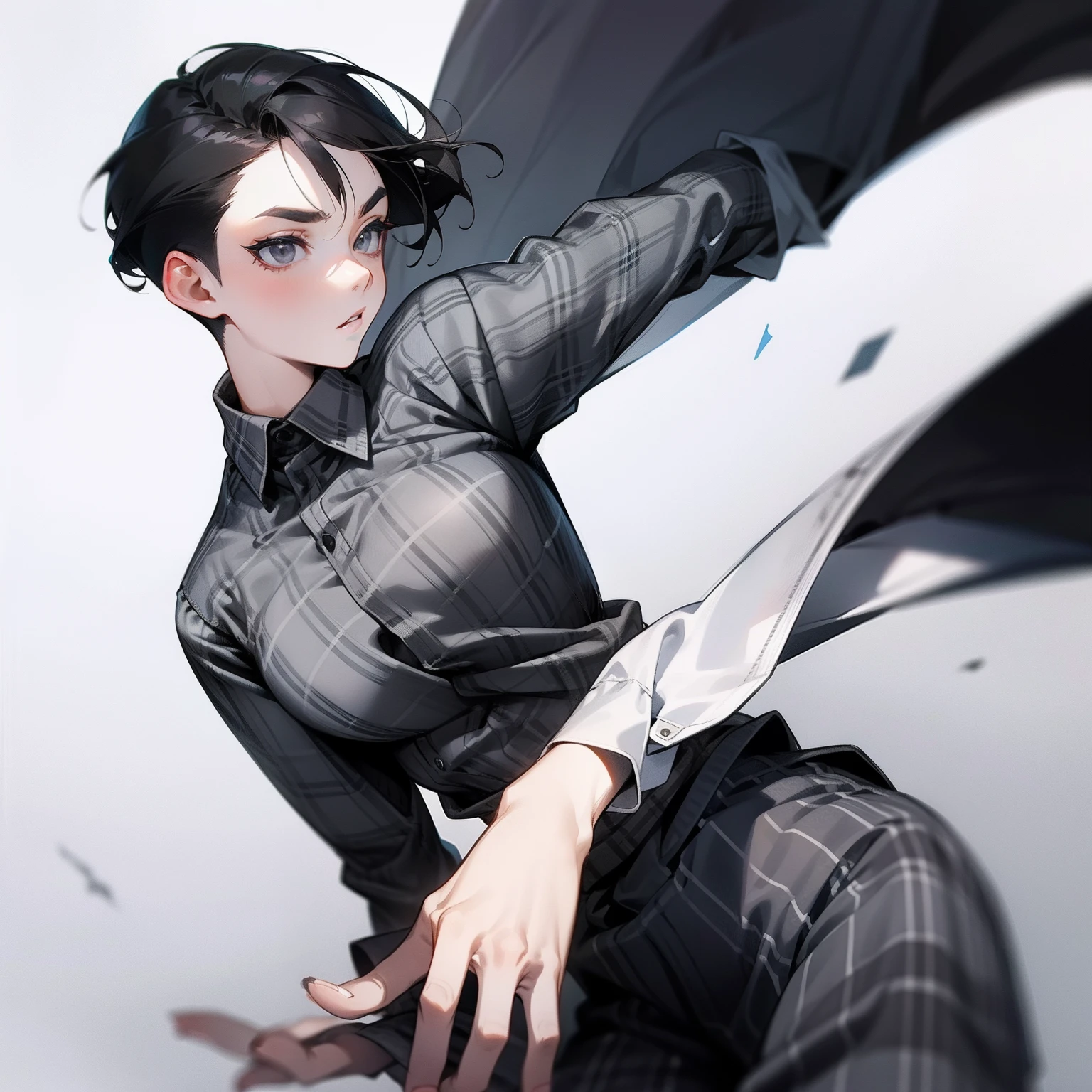 One guy、grey eyes、A dark-haired、short bangs、Undercut、Upbank、Lowered eyebrows、large lips、Grey plaid shirt、Plaid、Clean hands、A slender、simple background