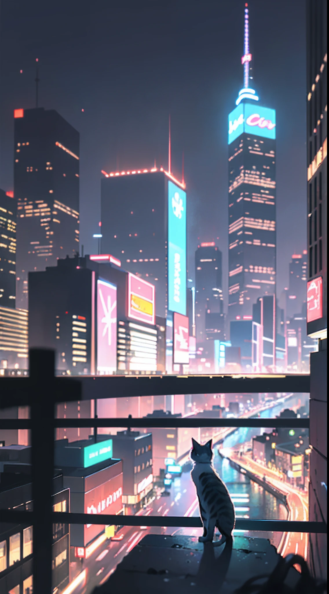 (best quality) a short and (ultra-detailed) blue-gray kitten with (cool twinkling) eyes stands confidently in front of a (blurry city) backdrop of neon lights and high-rise buildings in the distance. The contrast of the (fashionable) kitten against the heavily urban scene emphasizes the (arrogance).