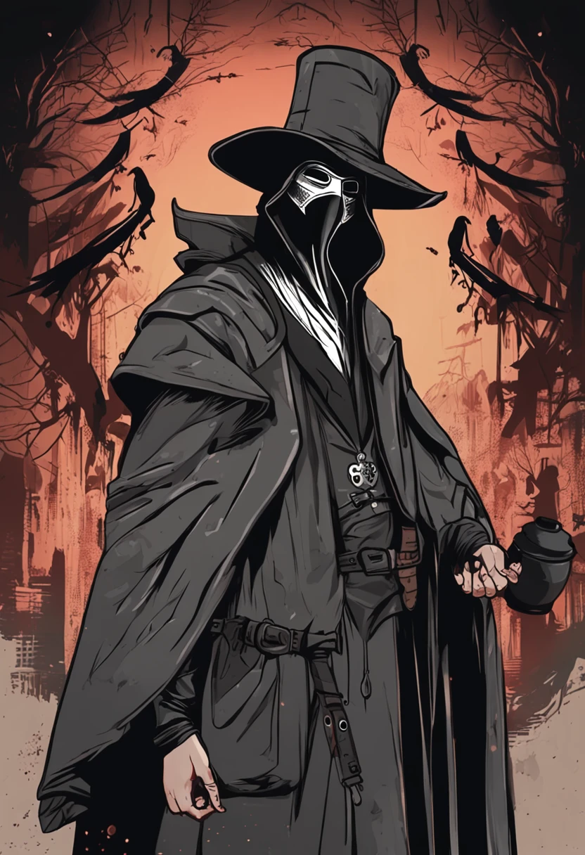 inspirado em Bian Shoumin,(master part, a melhor qualidade), Um alquimista com, Potion bottles,plague doctor, vestido com um casaco preto,Roupas pretas,with hood and mask of plague doctor, bem na nossa frente, bonito estilo de pintura japonesa,quadratic element,casa antiga medieval,Only half of the body is exposed,candle lighting,head portrait