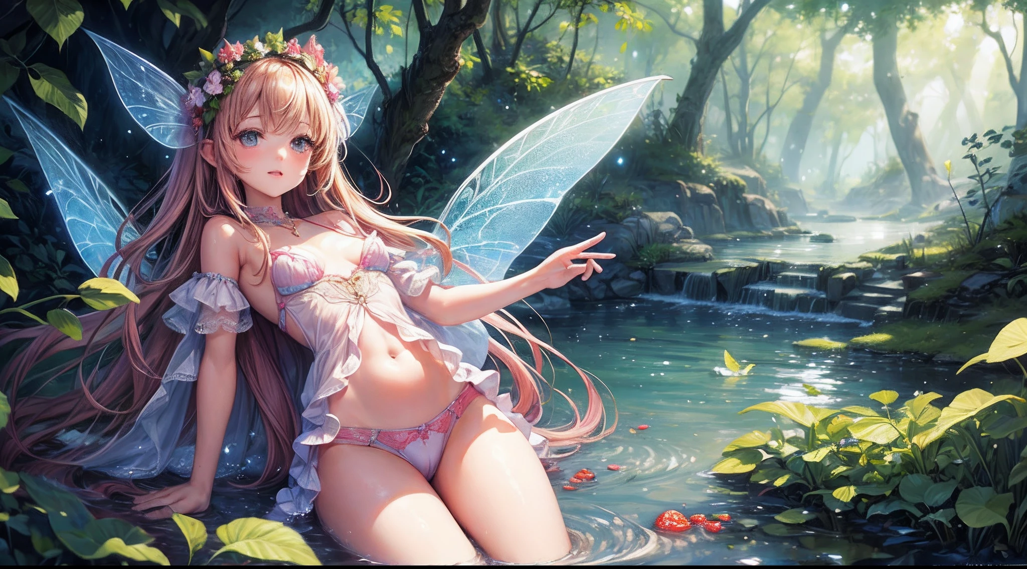 ( Absurd, High quality, ultra-detailed, masterpiece, concept art, smooth, highly detailed artwork, hyper-realistic painting ) , tiny little girl, Strawberries, cute, whole body, Romantic, Vivid, dreamy, fantasy, fairy wings, in the forest, enchanting glow, very detailed art, reveal clothes, sexy lace underwear,  transrarrent clothnes, perky niples