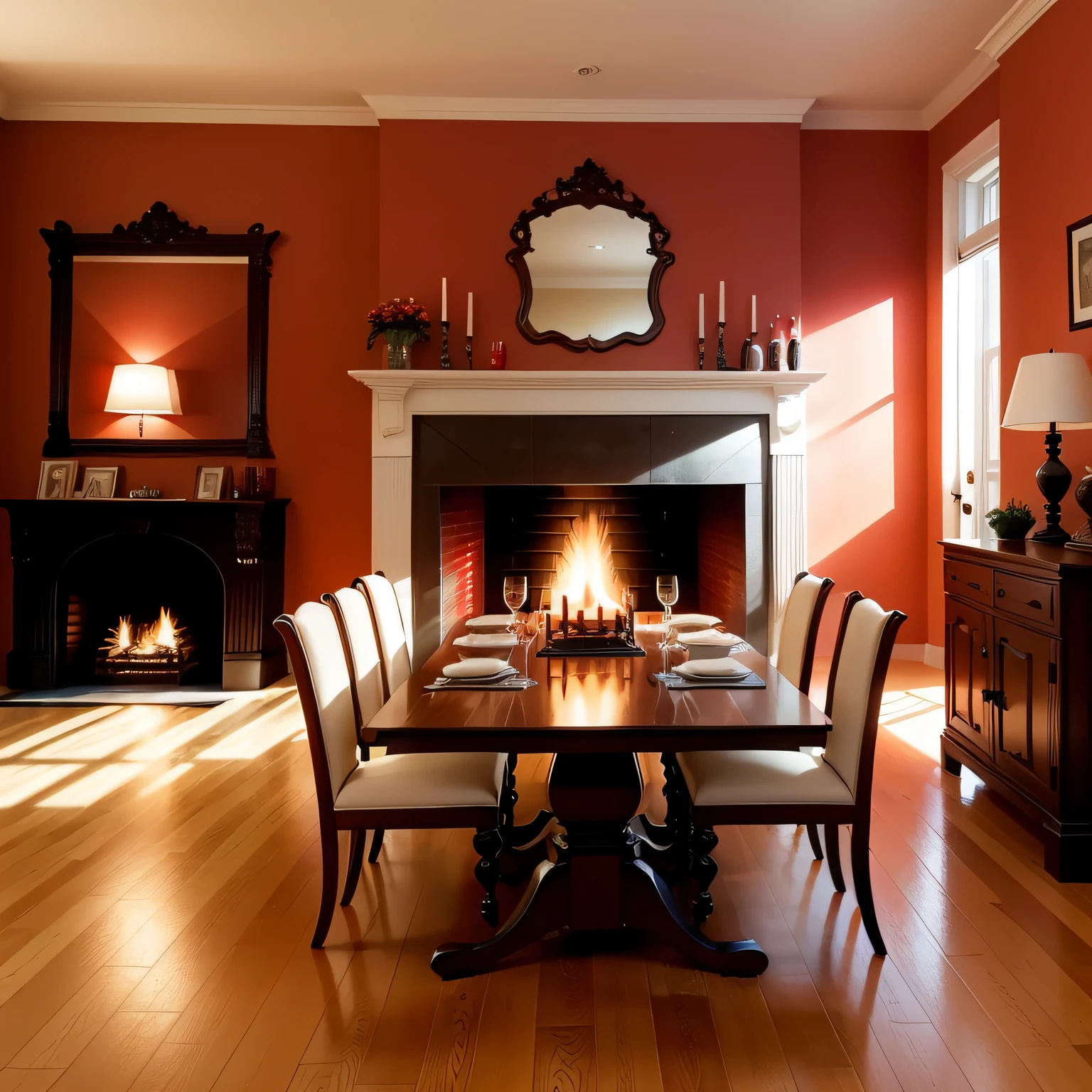 dining room with red walls with Cozy Fireplace