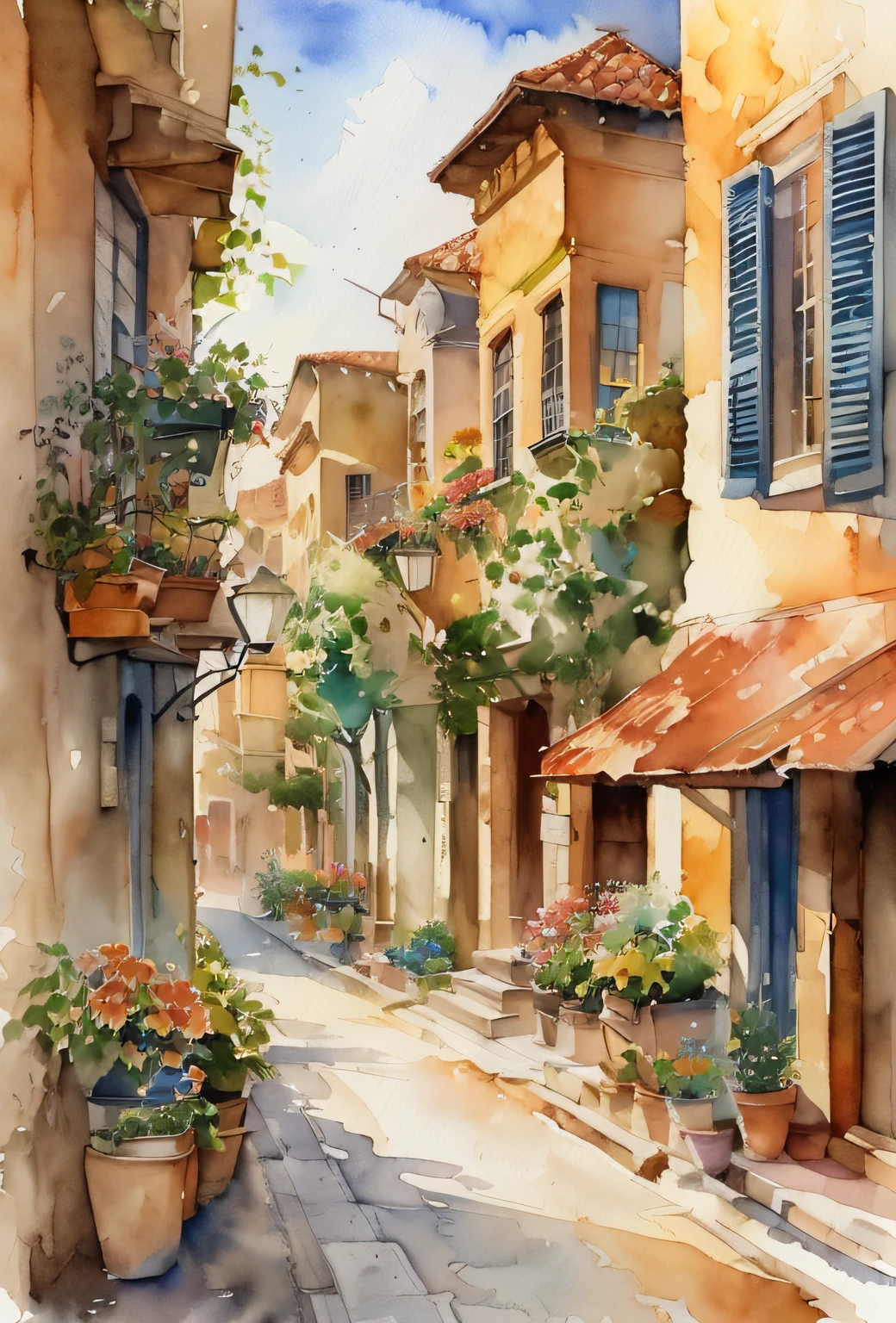 painting of a street with a row of buildings and potted plants, watercolor painting style, outdoors european cityscape, watercolor colored painting, watercolor detailed art, colorful watercolor painting, vibrant watercolor painting, aquarelle painting, watercolor painting, by Lynn Pauley, watercolor illustration, watercolor art, watercolor landscape, watercolor art on paper, beautiful cityscape, watercolor, aquarelle