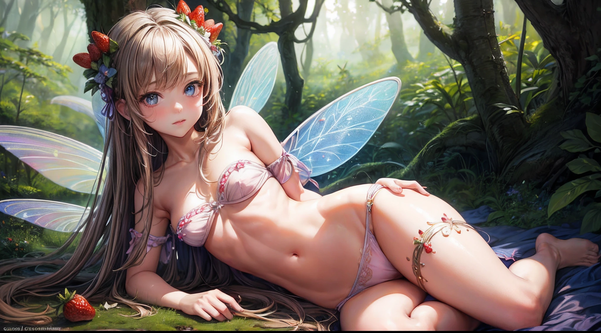 ( Absurd, High quality, ultra-detailed, masterpiece, concept art, smooth, highly detailed artwork, hyper-realistic painting ) , tiny little girl, Strawberries, cute, whole body, Romantic, Vivid, dreamy, fantasy, fairy wings, in the forest, enchanting glow, very detailed art, reveal clothes, sexy lace underwear, transrarrent clothnes, perky niples, (pregnat)