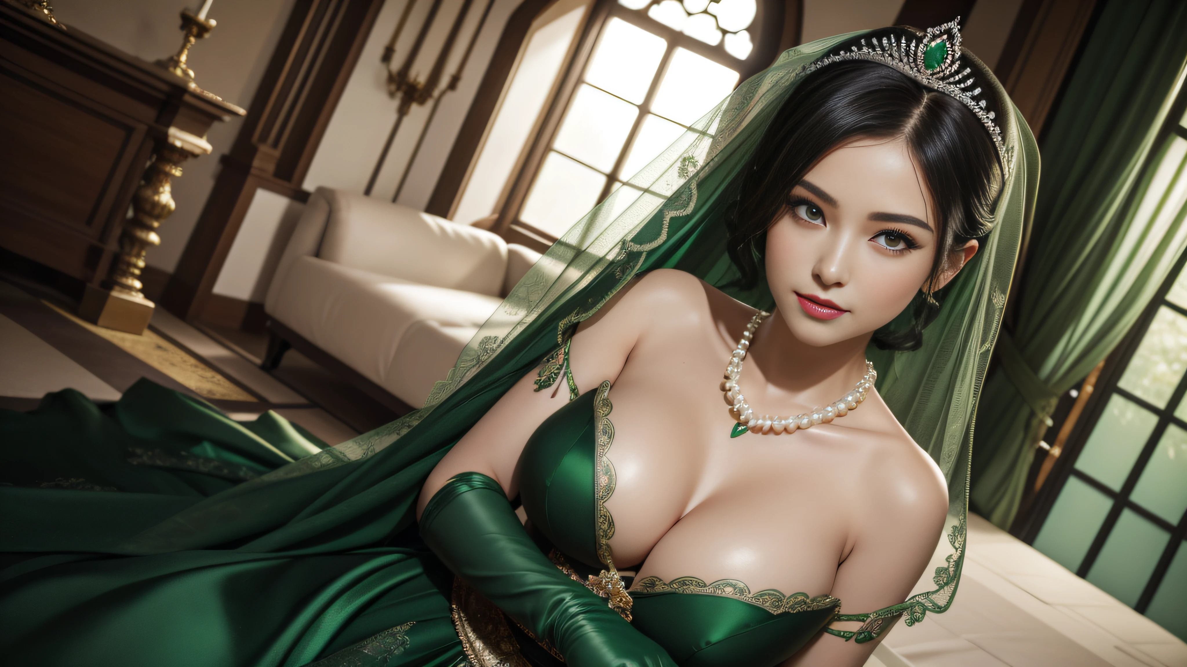 Green Dress Flower Cleanser,Sense of atmosphere, best qualtiy,tmasterpiece,1girll,30-years old,Green dress,Daytime Church,full body Esbian, Green gloves,With short black hair,big breasts beautiful,looking at viewert,ssmile,Green Bridal Veil,Green Long Grove,Satin green long gloves, lipsticks, Pearl Necklace、Green gloves, emerald tiara, A Japanese Lady, beheaded, Birthhead