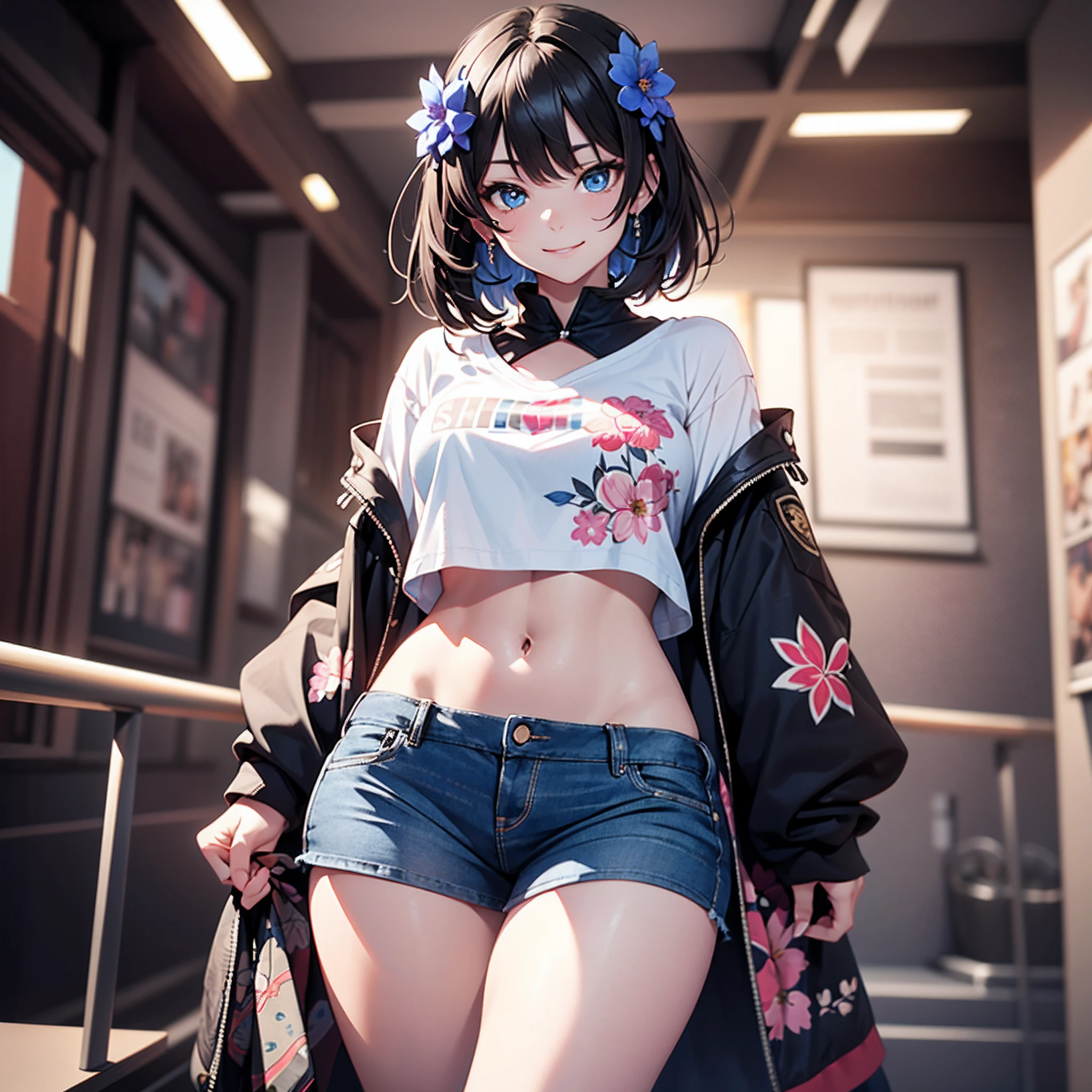 (Best Quality、in 8K、32K、masutepiece、ultra-detailliert、超A high resolution、Impresionismo、Photorealsitic:1.2)、Dynamic lighting、dynamic shot、Detailed 3D rendering、Moody lighting、Detailed beautiful face and eyes、A slender、Medium bust、Full body、 Highly detailed background、beauitful face、blurry backround、20-year-old beauty、super detailed skin、Black hair、short-hair、Blue eyes、Floral hair ornament、miscievous smile、(thighs thighs thighs thighs:0.9)、T-shirt for upper body、a miniskirt