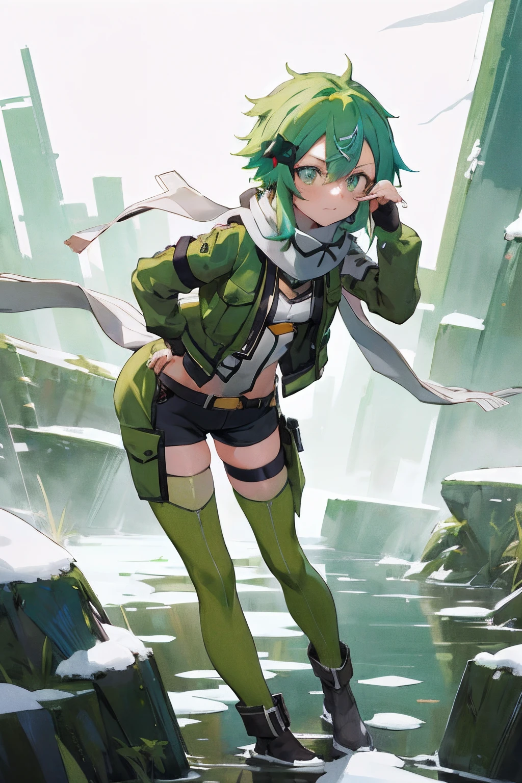 masterpiece, best quality, highres, 1girl, sinon1, scarf, long sleeves, short shorts, hair ornament, hairclip, green thighhighs, green jacket, thigh strap, hand on hip, leaning forward, :i, outdoors, hand on own knee,