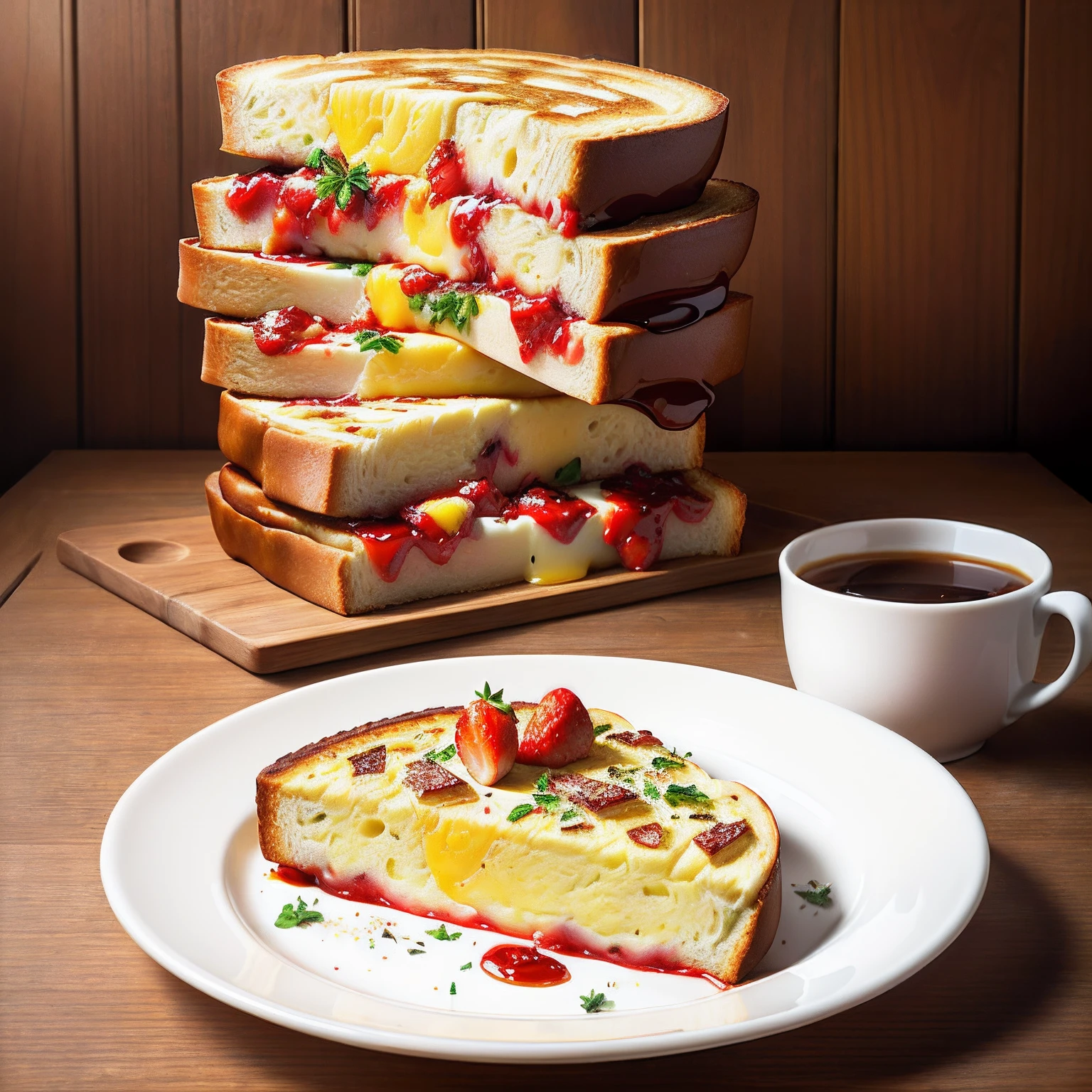 Omelette with strawberry jam，Chocolate omelet，A slice of toast with slices of sausage，A steaming cup of milk tea next to it，Wooden table background，Raised sexy，Mouth-watering，hyper HD，Surreal style，tmasterpiece
