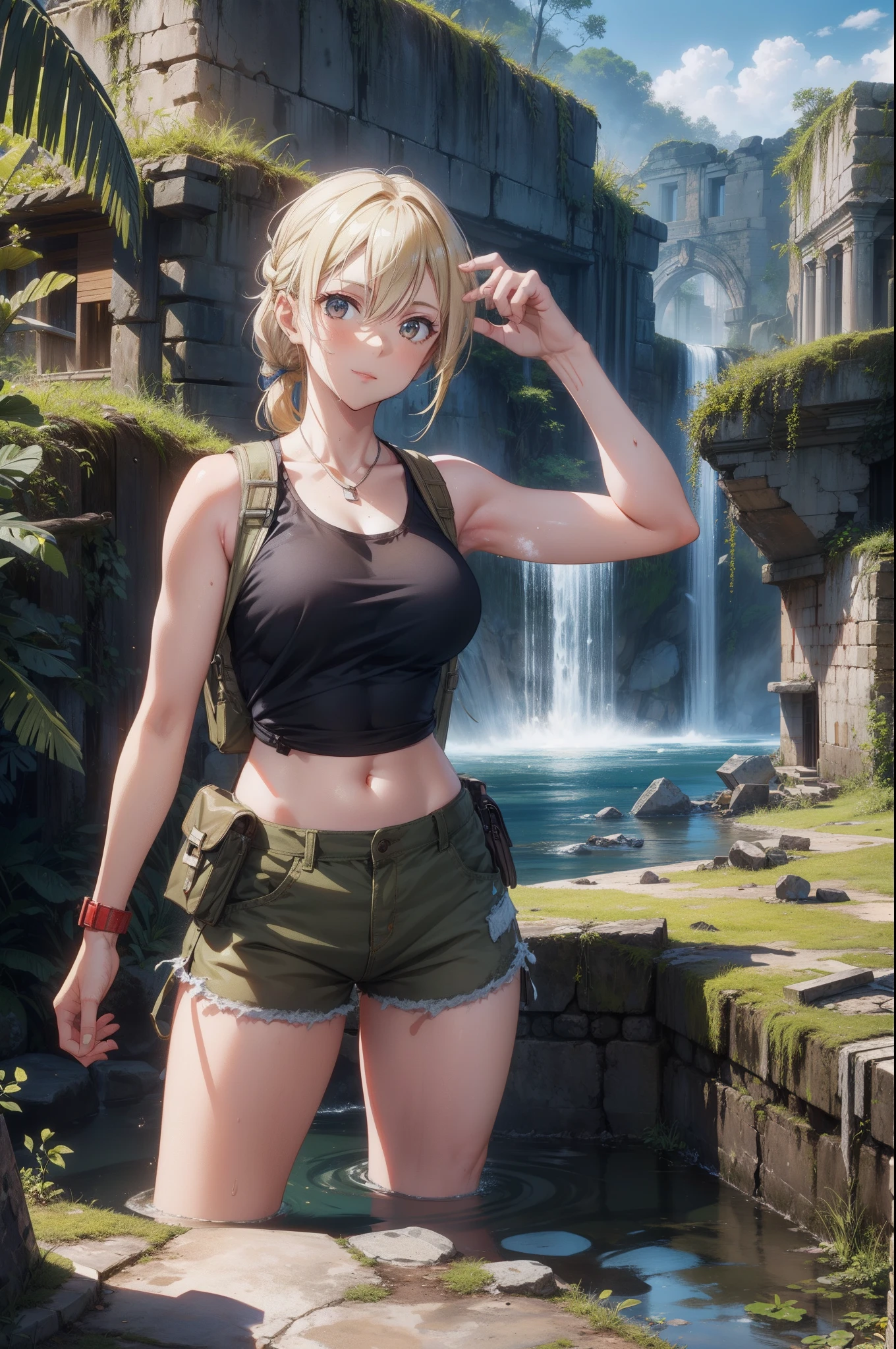Tank top, Shorts, a blond, (ancient ruin:1.1),Adventurous woman, (Avoid traps:1.1), Pistol holder on the thigh, Khaki backpack, hair tied, dense woods, subtropical, machete, Treasure Hunter, Fuji Film, F/1.2, (16 K, 8K, awardwinning, Best Quality, hight resolution, high details, Super Detail, Anatomically correct, Textured skin, masutepiece:1.4, nffsw),Whole body mud stains,Rugged look,caves,Treasure Bag,Multifunction watch,(Feeling nervous and elated:1.2),A scene from an action movie,Bathing in the Amazon River,Poses in motion,Action Actress,scrapes,A big round rock rolls towards you,detailed finger,Clean hands