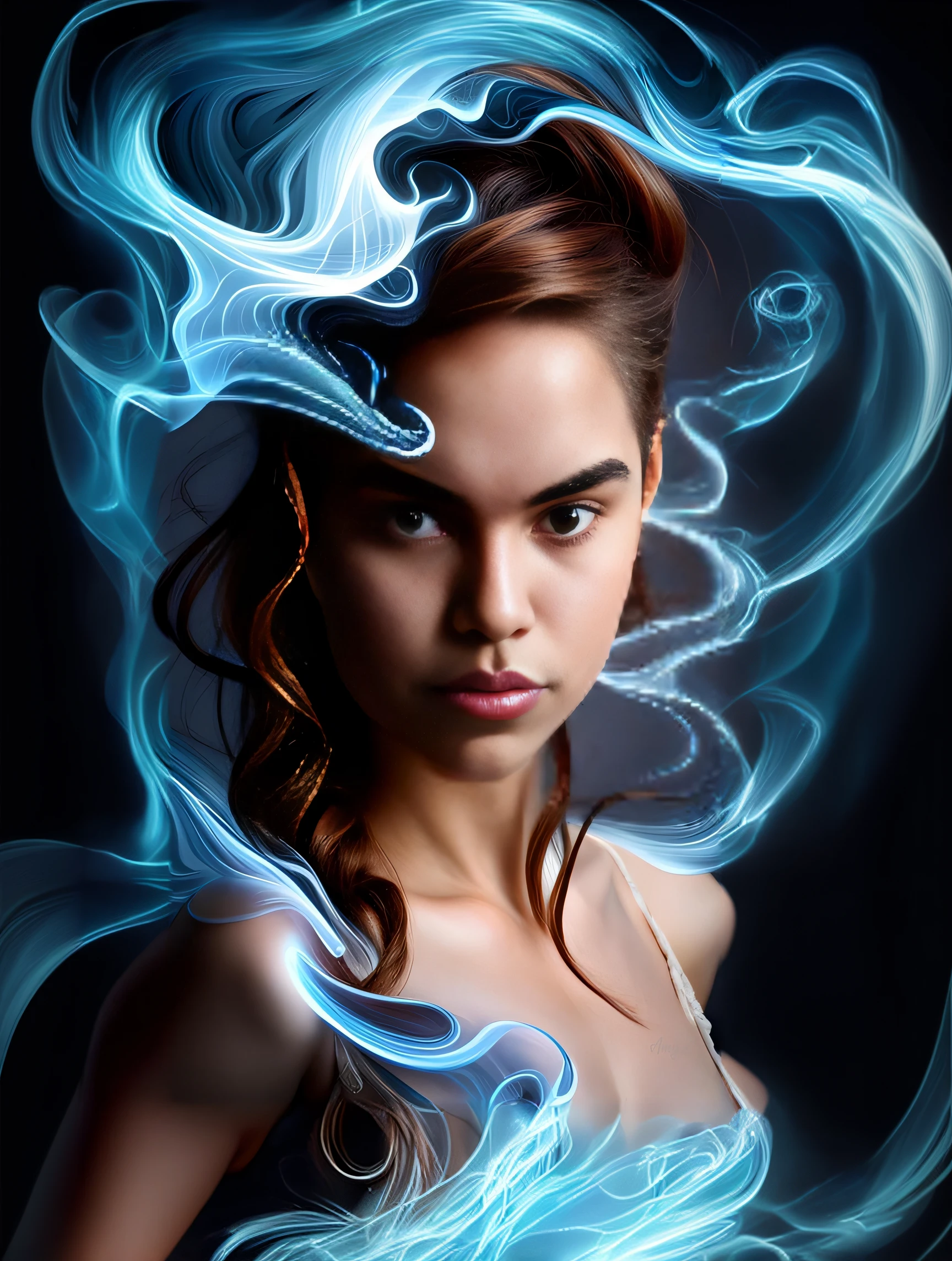 A woman with blue hair and a white dress is posing, airbrush digital art, airbrush digital oil painting, digital airbrush painting, Efeito de Luz. fantasia moderna, arte digital aetherpunk airbrush, retrato de fantasia digital, retrato da de glowwave, artes digitais fotorrealistas, arte digital impressionante, foto de retrato, lindo arte digital, retrato da fantasia, Arte digital alucinante