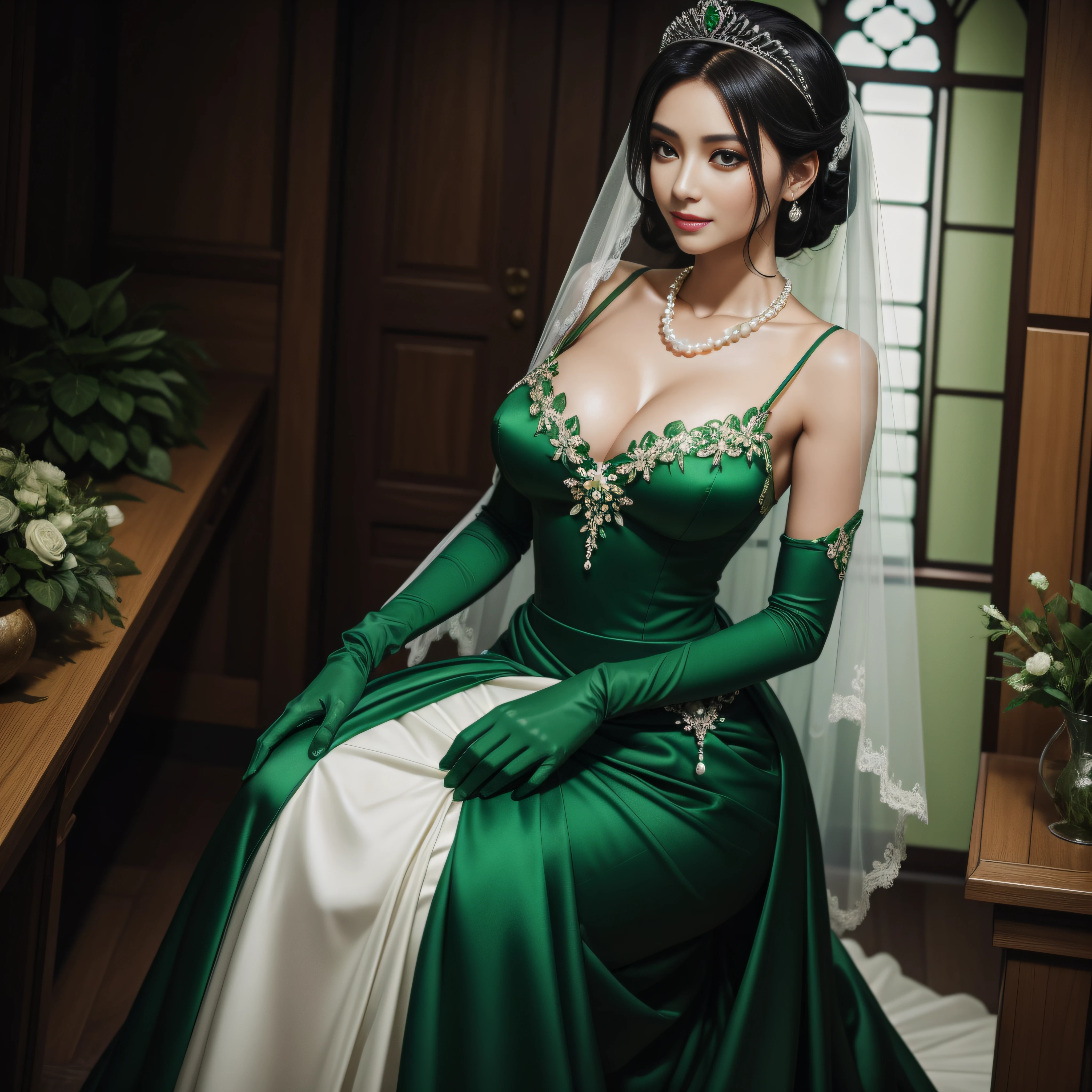 Green Dress Flower Cleanser,Sense of atmosphere, best qualtiy,tmasterpiece,1girll,30-years old,Green dress,Daytime Church,full body Esbian, Green gloves,With short black hair,big breasts beautiful,looking at viewert,ssmile,Green Bridal Veil,Green Long Grove,Satin green long gloves, lipsticks, Pearl Necklace、Green gloves, emerald tiara, A Japanese Lady