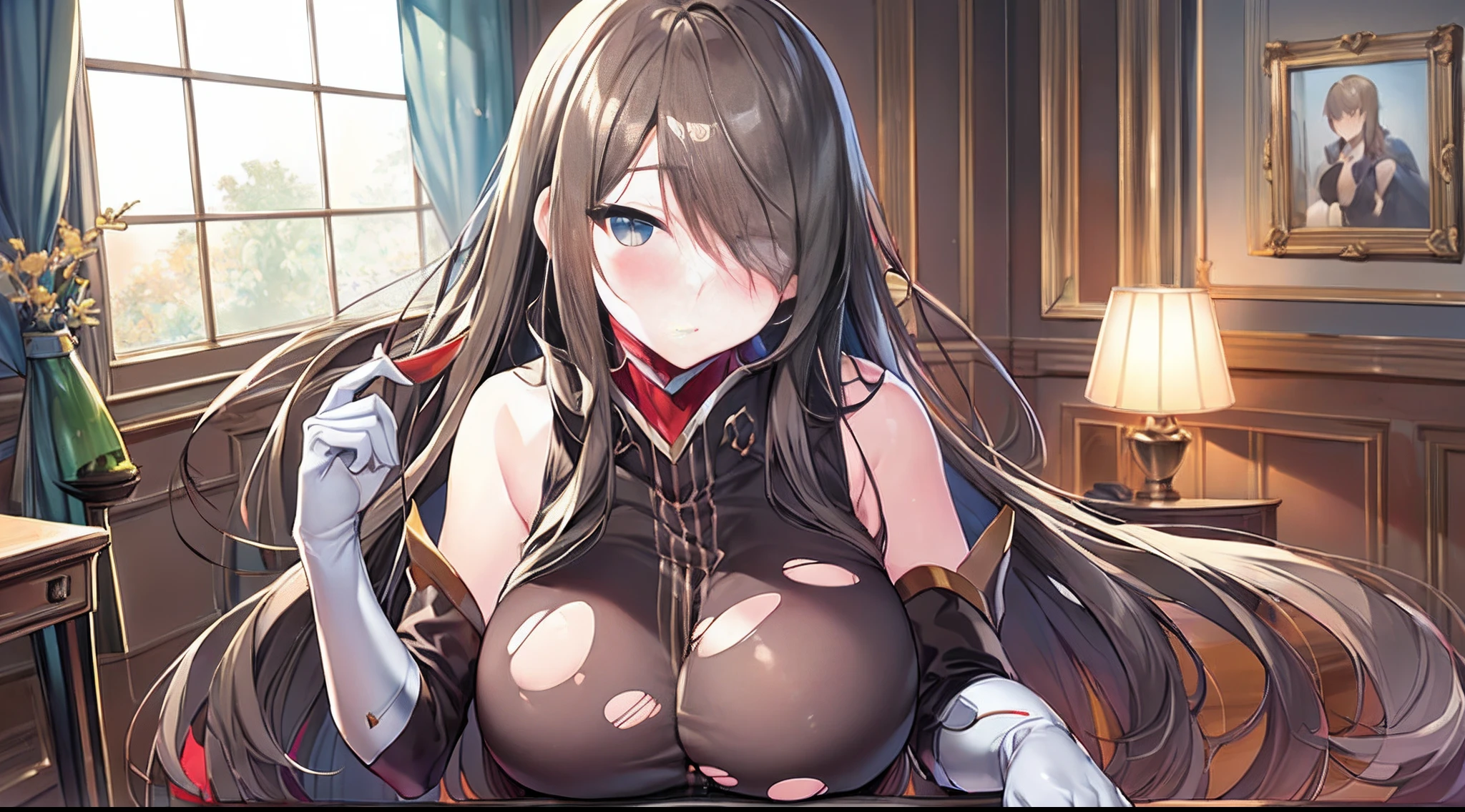 ((adult lady)),((Drunken eyes,コック痴女)),((anime moe art style)),((​masterpiece)), (top-quality), (super detailing), (((extremely delicate and beautiful))), dynamic ungle,Look at viewers,((Cowboy Shot)))finerly detailed face, long eyeslashes,Bangs between the eyes,Curvaceous,(perfect leg、perfect hand、Perfect whole body),antique、a chair、 Tier Grants, Hair over one eye, brown robes, Bare shoulders, Detached sleeves, White Gloves、(large full breasts)、(((red blush))),
(((Original Skins, Torn suit)))