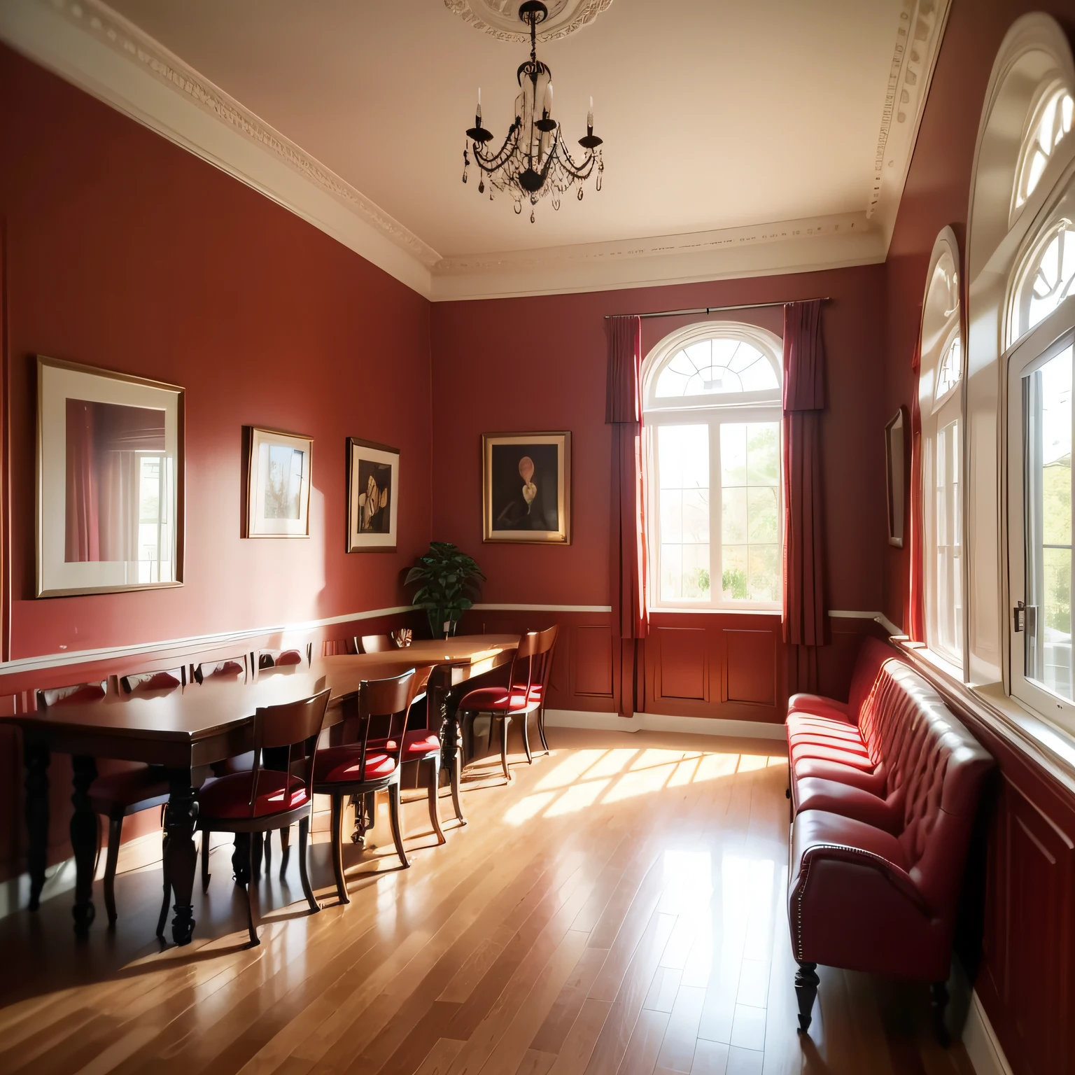 dining room with red walls with Seating Nook