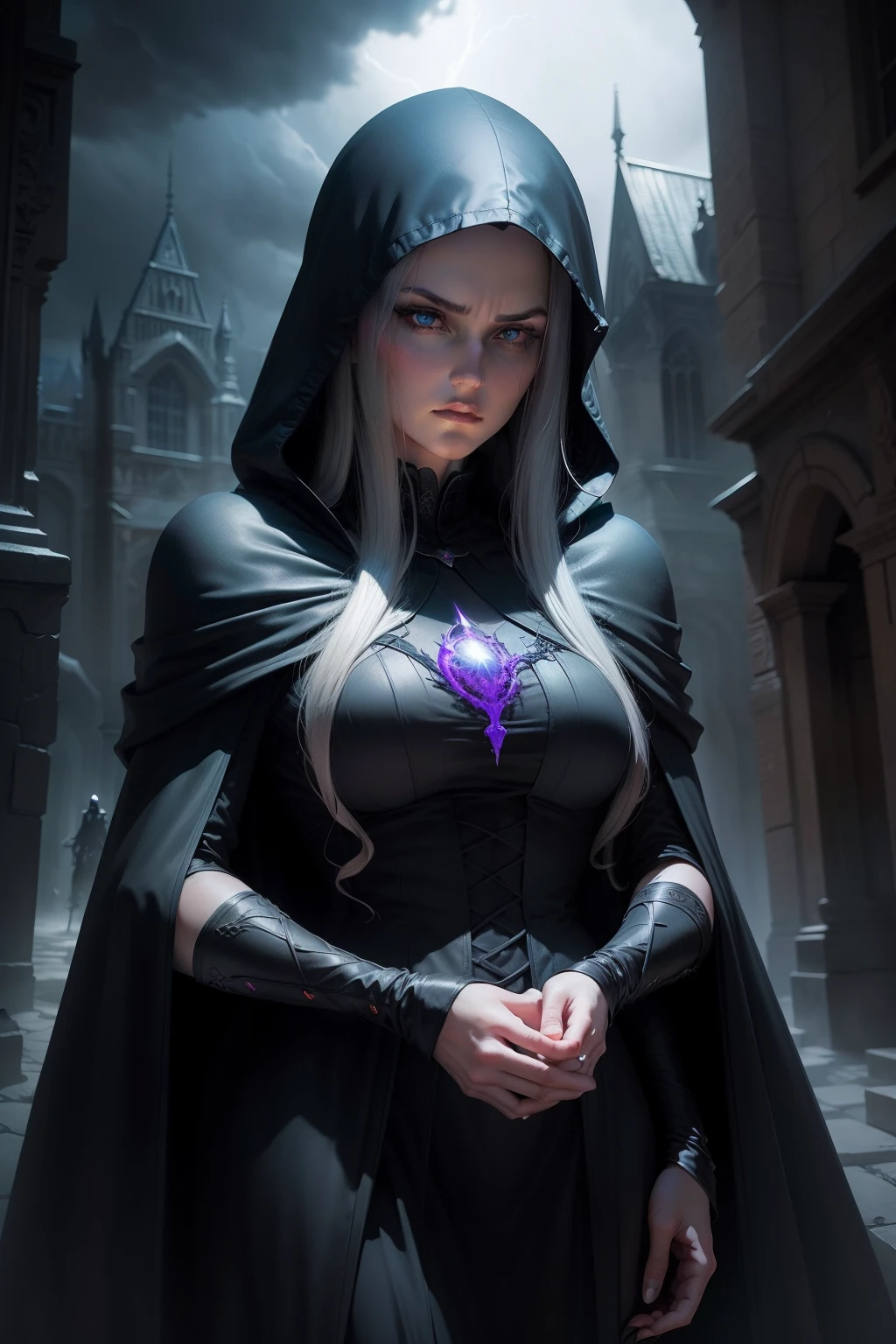 An image of a dark and mysterious woman, dressed in black and purple robes with a hood, and a spider web cape, background is dark storm clouds, mood is apprehensive, frustrating, ambiguous, inscrutable, eerie night time light, digital art, hyper realistic, 8k, unreal engine, character design, art by Peter Paul Rubens, Anne Stokes, Blaz Porenta, Zdzislaw Beksinski, Marc Simonetti, Gerald Brom.
