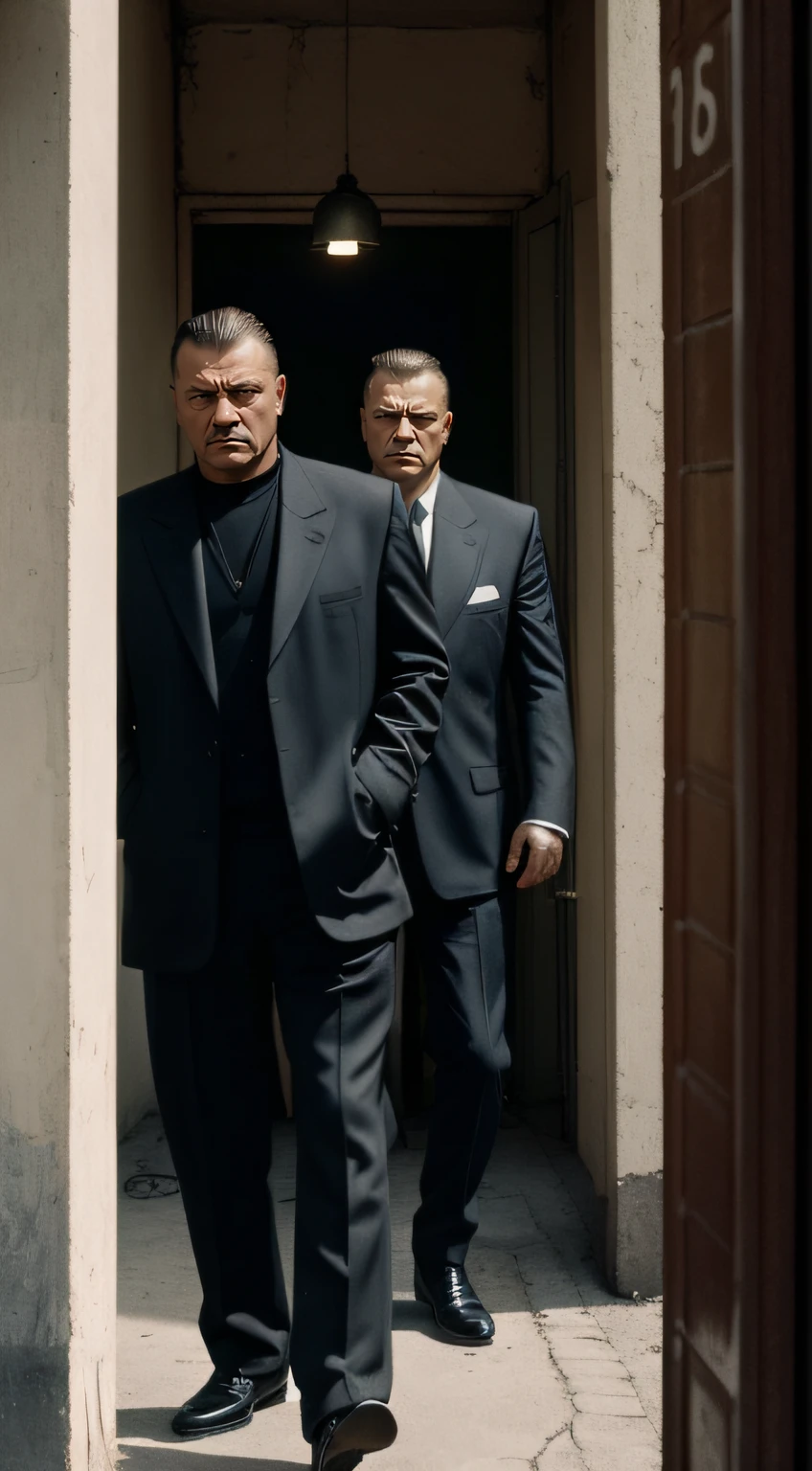 into the gritty world of 90s Russia with our latest photograph: Russian gangsters against the backdrop of Khrushchev-era apartment building. This image exudes realism, transporting you to a time when the '90s style was lawless. The photograph captures genuine thugs embodying the spirit of that era. Their appearance, attire, and mannerisms infuse this picture with hyper-atmospheric vibes. They loom over the old garages in a way that suggests territorial protection. The grimaces on the gangsters' faces and their distinctive gestures create an indescribable atmosphere of the times when the streets were ruled by bandits. This photograph is steeped in the essence of reality, allowing us to peer into the past and comprehend what this world was like. Complete your journey through time and feel the rhythm of '90s street life with our photograph of Russian gangsters against the backdrop of Khrushchev-era apartment building. It's a genuine portal to the past that enables you to immerse yourself in this incredibly stylish and realistic world, film grain, cinematic light, 35mm, Zenith film camera.