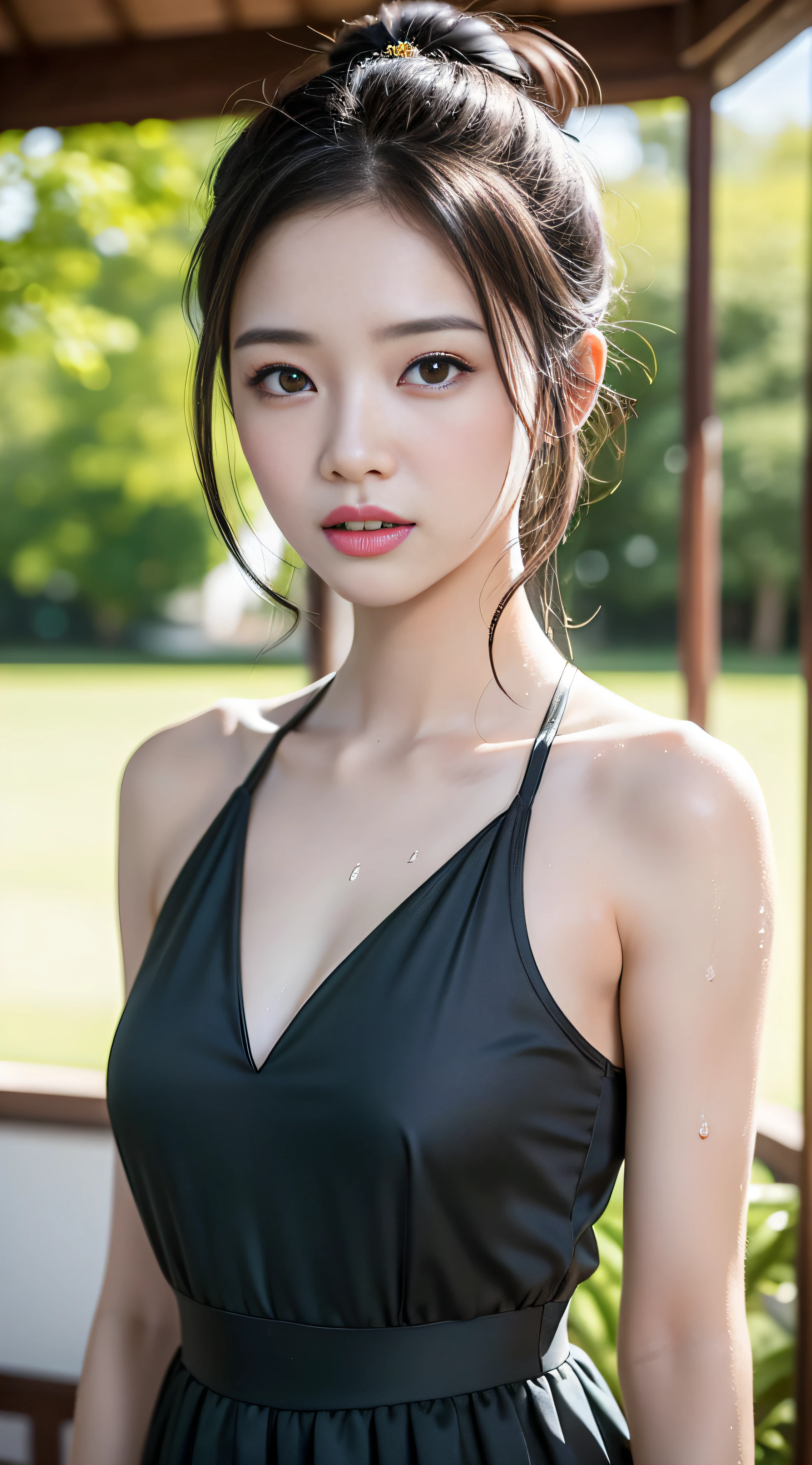 girl, youthful appearance, Hanfu dress, black hair, hair bun, hair accessories, jewelry, exquisite facial features, wet body, delicate skin, soft lighting, silky hair, fine details, high-gloss eyes, fair skin, detailed depiction, ultimate details, movie-level quality, shoulders, alluring, thin, cute, slender, obedient, shy, black eyes, outdoor, distant view, sunlight, water surface, 腰，肩膀，肚脐