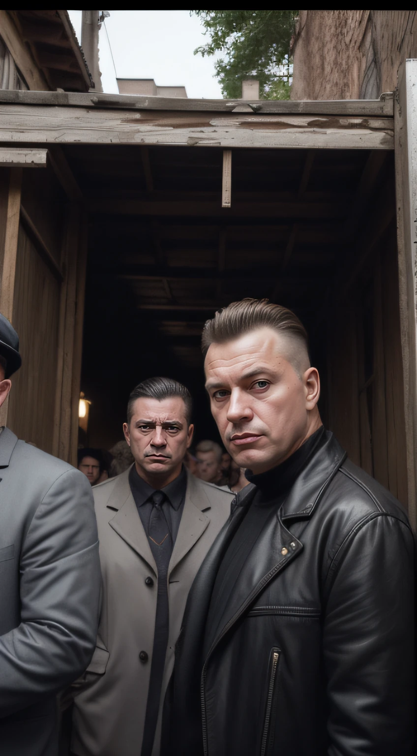 into the gritty world of 90s Russia with our latest photograph: Russian gangsters against the backdrop of Khrushchev-era apartment building. This image exudes realism, transporting you to a time when the '90s style was lawless. The photograph captures genuine thugs embodying the spirit of that era. Their appearance, attire, and mannerisms infuse this picture with hyper-atmospheric vibes. They loom over the old garages in a way that suggests territorial protection. The grimaces on the gangsters' faces and their distinctive gestures create an indescribable atmosphere of the times when the streets were ruled by bandits. This photograph is steeped in the essence of reality, allowing us to peer into the past and comprehend what this world was like. Complete your journey through time and feel the rhythm of '90s street life with our photograph of Russian gangsters against the backdrop of old garages. It's a genuine portal to the past that enables you to immerse yourself in this incredibly stylish and realistic world, film grain, cinematic light, 35mm, Zenith film camera.