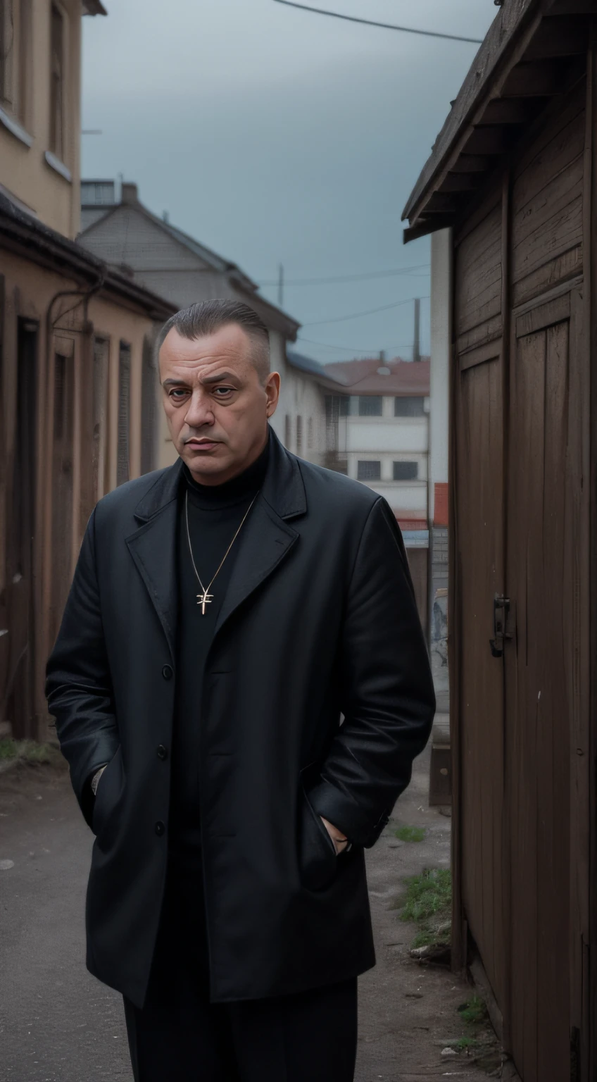 into the gritty world of 90s Russia with our latest photograph: Russian gangsters against the backdrop of Khrushchev-era apartment building. This image exudes realism, transporting you to a time when the '90s style was lawless. The photograph captures genuine thugs embodying the spirit of that era. Their appearance, attire, and mannerisms infuse this picture with hyper-atmospheric vibes. They loom over the old garages in a way that suggests territorial protection. The grimaces on the gangsters' faces and their distinctive gestures create an indescribable atmosphere of the times when the streets were ruled by bandits. This photograph is steeped in the essence of reality, allowing us to peer into the past and comprehend what this world was like. Complete your journey through time and feel the rhythm of '90s street life with our photograph of Russian gangsters against the backdrop of old garages. It's a genuine portal to the past that enables you to immerse yourself in this incredibly stylish and realistic world, film grain, cinematic light, 35mm, Zenith film camera.