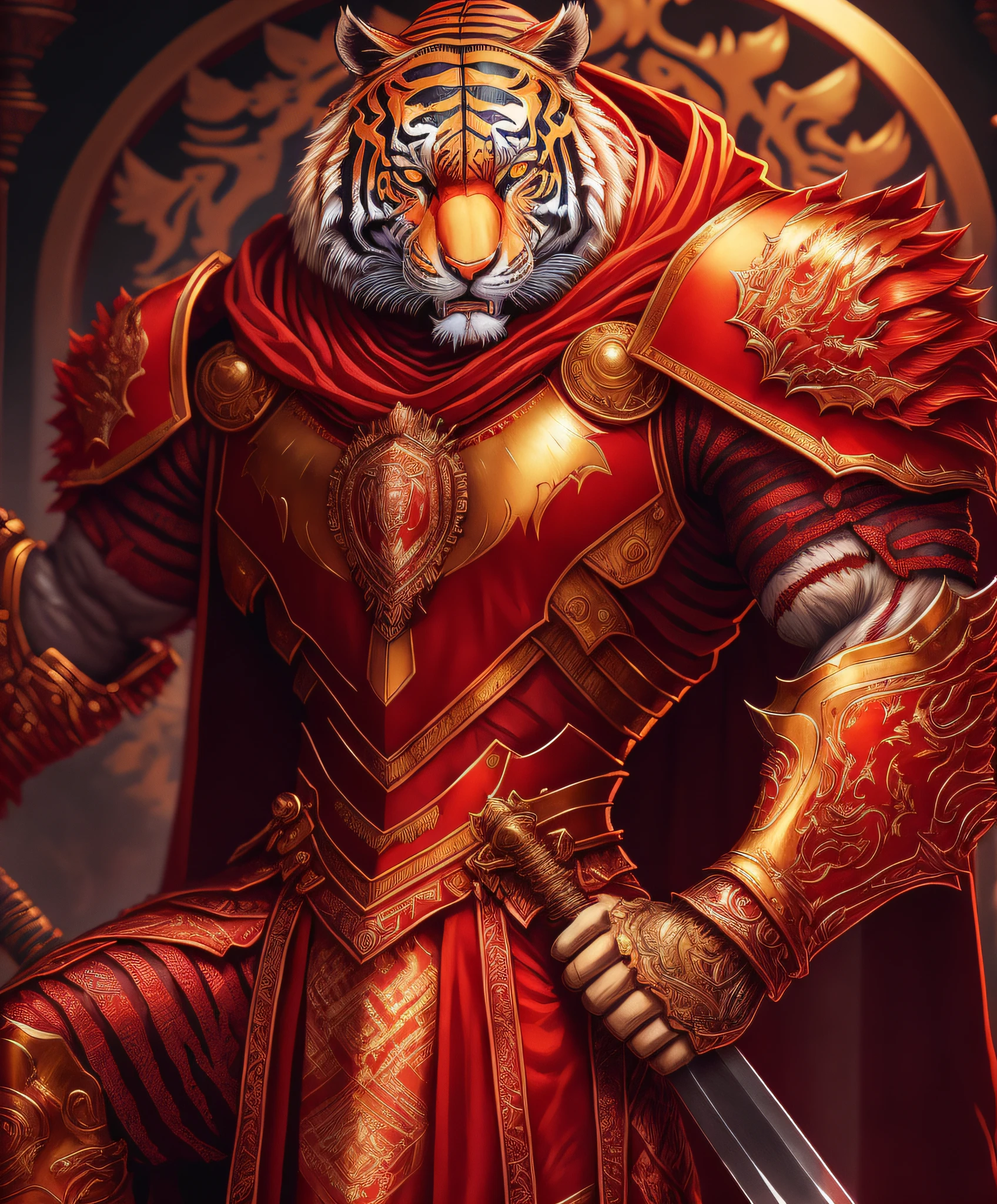 Tiger, red gown, sword, intricate designs,