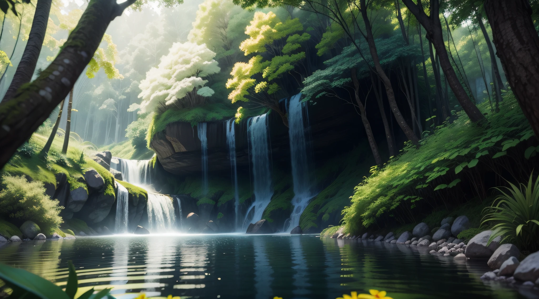 Obra-prima, melhor qualidade, (papel de parede CG 8k muito detalhado), (melhor qualidade), (best illustration), (melhores sombras), sprite brilhante, , lake with drinking water, elementos naturais no tema da floresta . Pequeno casa, como um chale (melhor qualidade). Floresta misteriosa, bela floresta, natureza, cercada por flores, folhas delicadas e galhos cercados por vaga-lumes (elementos naturais), (tema da selva), (folhas), (galhos), (vaga-lumes), (particle effects) etc. 3D , Octane renderização, ray tracing, super detalhado