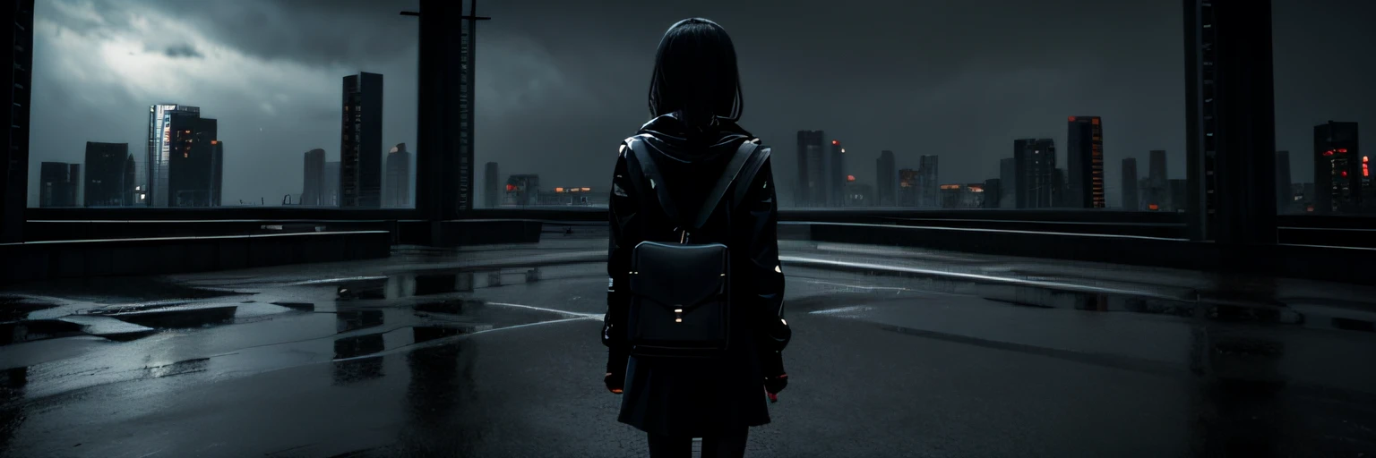 Sad girl, shot from the back, darkness, Rain sky,。.3D,Upscale,hard disk, dark city