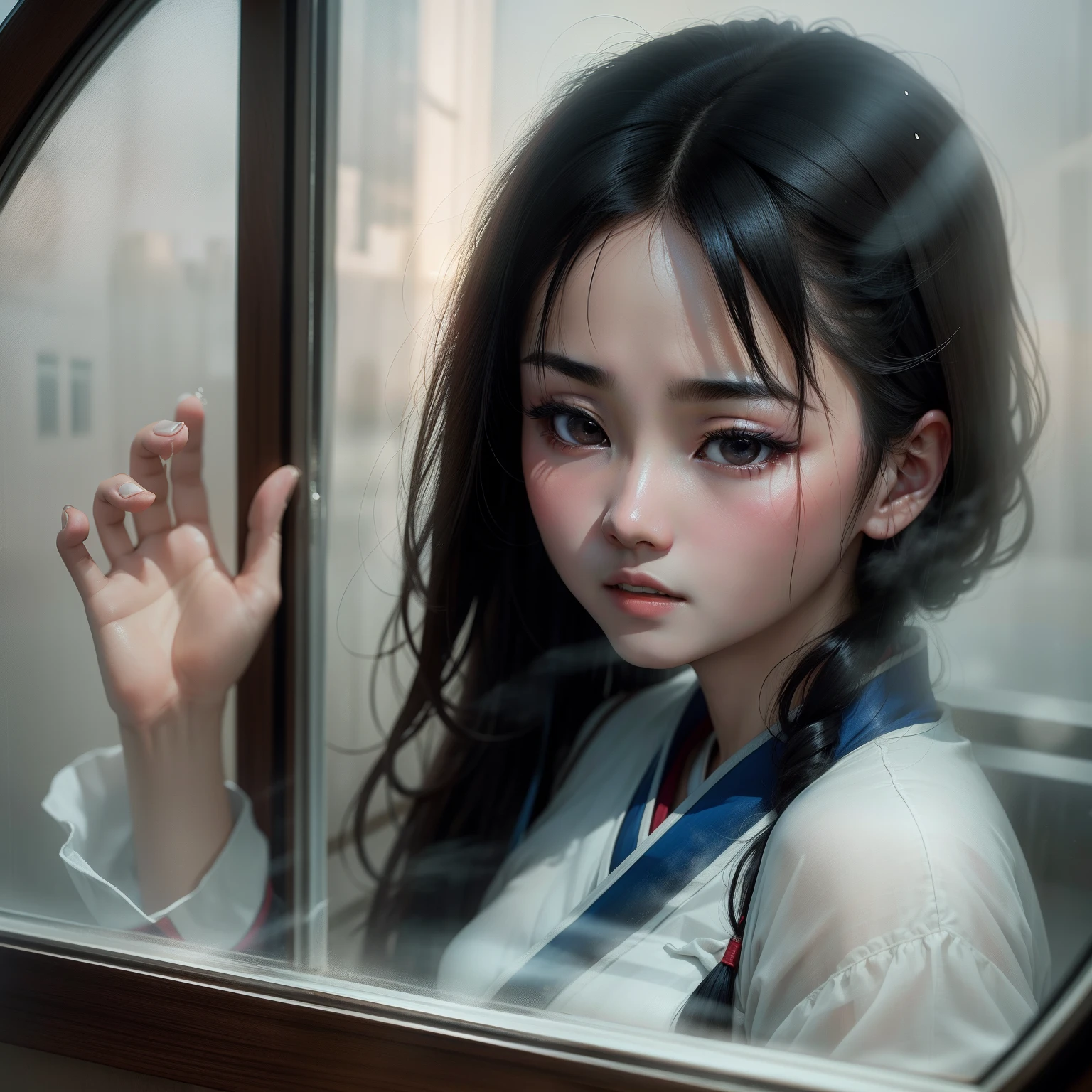 Liu Yifei looked out the window and blew a breath, and the glass fogged up