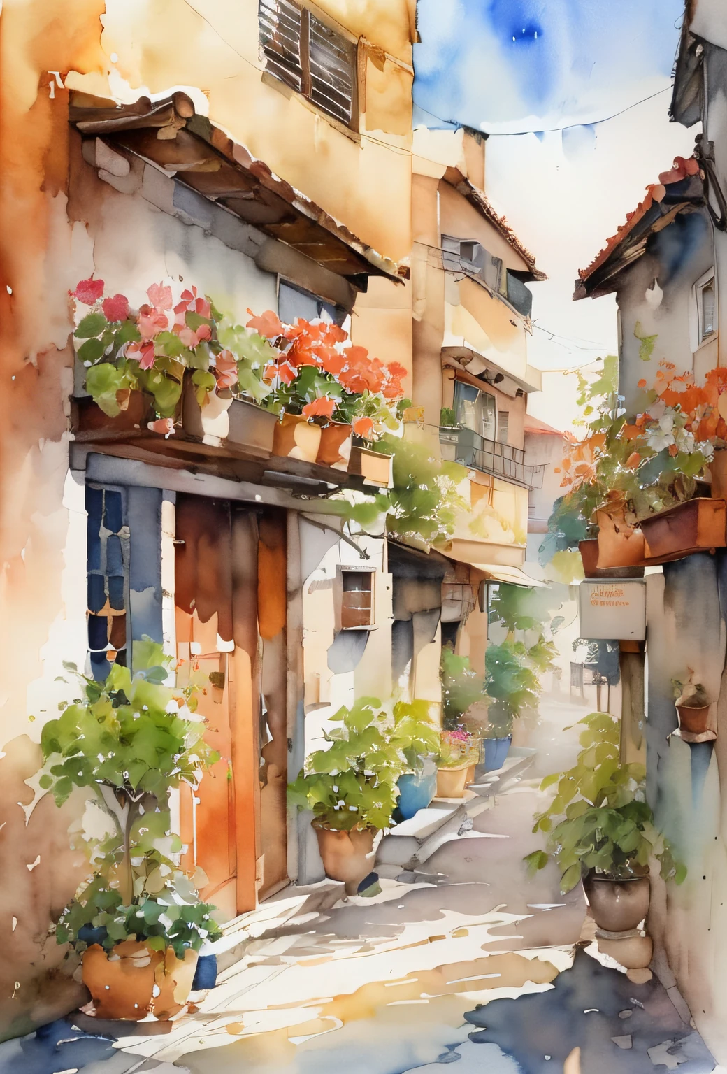 painting of a street with potted plants and a building, watercolor painting style, watercolor colored painting, by Yang Borun, watercolor, watercolor detailed art, watercolor art on paper, watercolor art, aquarelle, by Lynn Pauley, watercolor painting, watercolor illustration, colorful watercolor painting, aquarelle painting, by Arthur Pan, waterpaint art, spanish ghibli alleyway