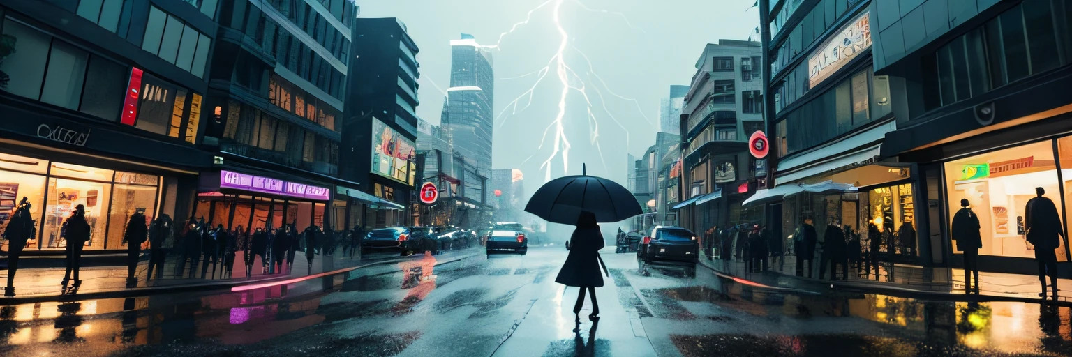 Wide-angle view,A woman walks down the street with an umbrella in the rain,Bustling street view,Empty streets,streetlight flicker,Neon high-rises,There is lightning in the sky