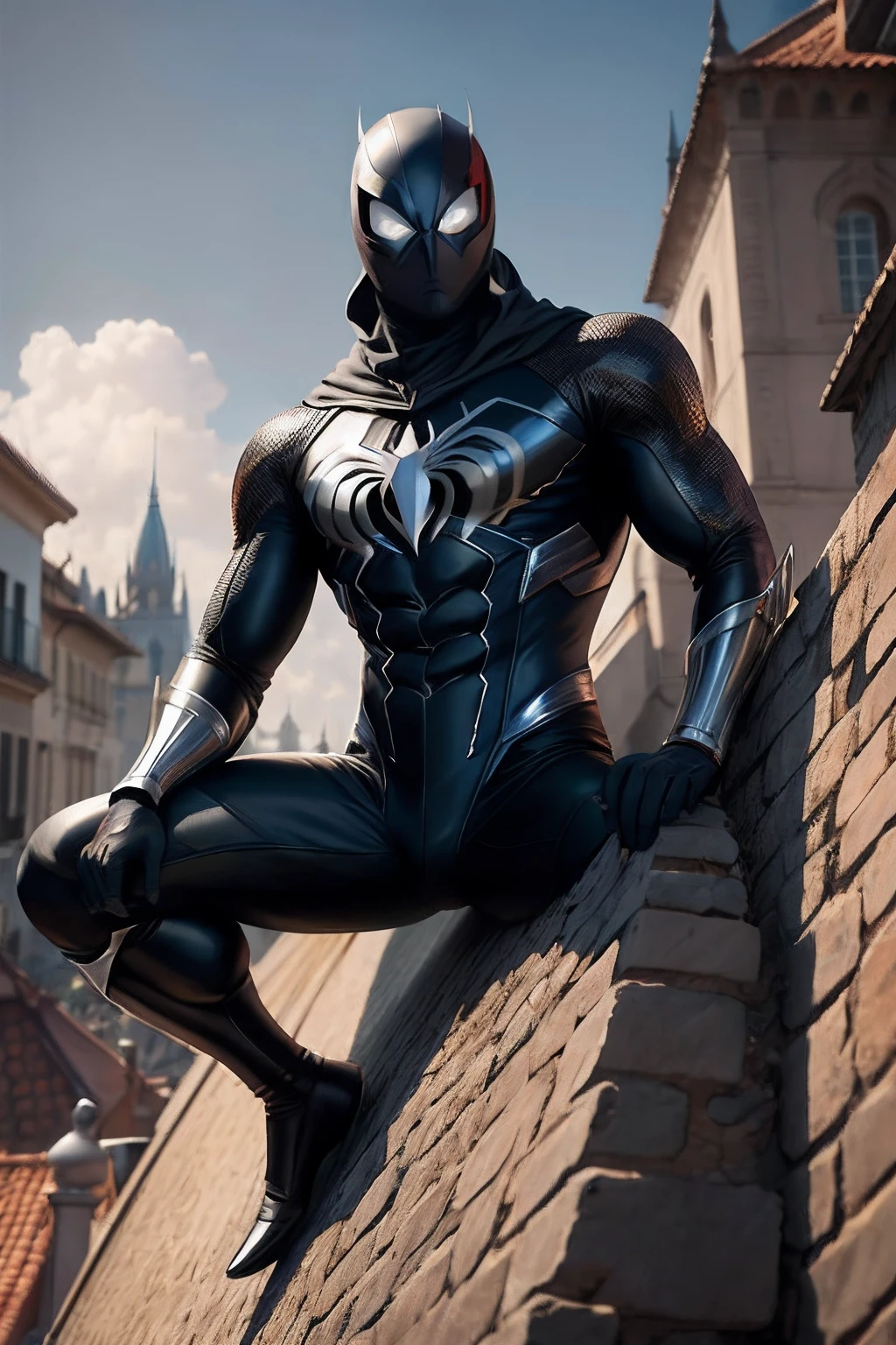 Homem de terno preto sentado em uma parede de tijolos, terno venenoso, Simbionte, Estilo futurista Homem-Aranha, dark supervillain, Simbionte de veneno, armadura brilhante preta, terno escuro, Terno furtivo, Armadura Samurai Completa Homem-Aranha, armadura preta fosca simplificada, veneno, vestido com armadura corporal preta, gate, da Marvel, armadura preta afiada e elegante