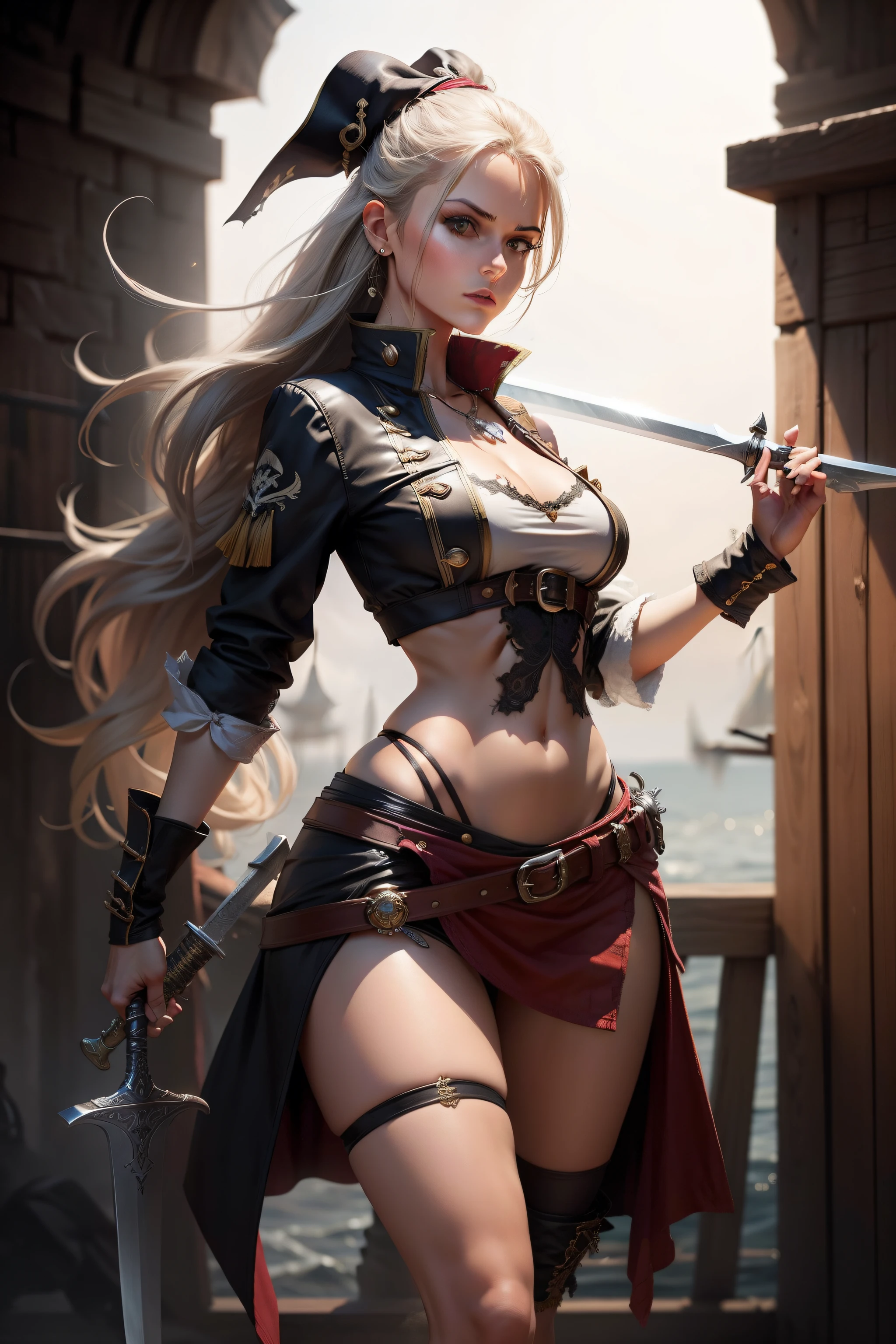 Create an image of a full-body female pirate with a sword in her hand, e com roupa longa , not too short