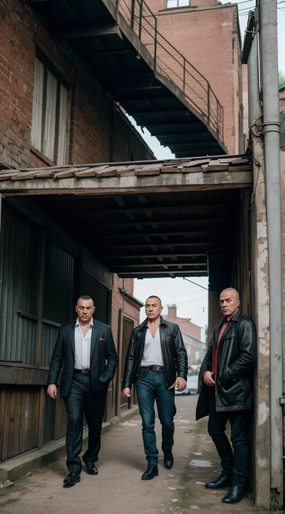 into the gritty world of 90s Russia with our latest photograph: Russian gangsters against the backdrop of old garages. This image exudes realism, transporting you to a time when the '90s style was lawless. The photograph captures genuine thugs embodying the spirit of that era. Their appearance, attire, and mannerisms infuse this picture with hyper-atmospheric vibes. They loom over the old garages in a way that suggests territorial protection. The grimaces on the gangsters' faces and their distinctive gestures create an indescribable atmosphere of the times when the streets were ruled by bandits. This photograph is steeped in the essence of reality, allowing us to peer into the past and comprehend what this world was like. Complete your journey through time and feel the rhythm of '90s street life with our photograph of Russian gangsters against the backdrop of old garages. It's a genuine portal to the past that enables you to immerse yourself in this incredibly stylish and realistic world
