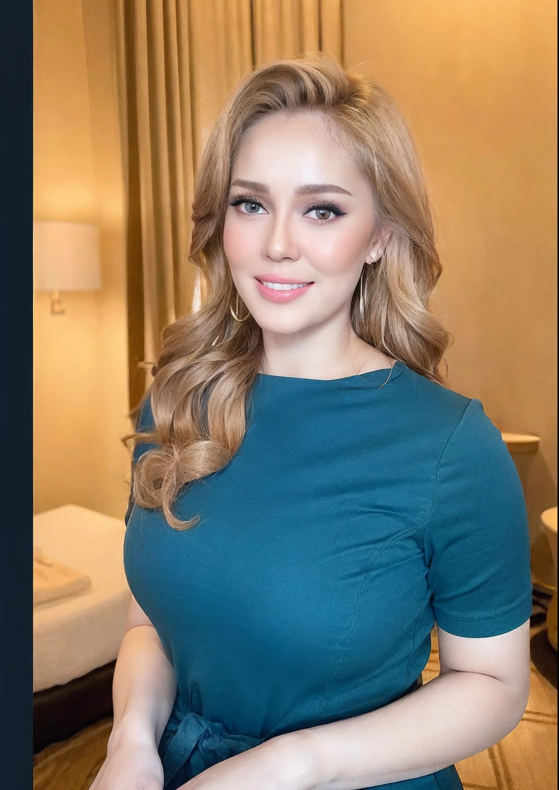 a young woman posing for a photo, curls_hairstyle:0.6, (platinum blonde hair), (blue shirt short sleeves), (smiling:1.3), good hand,4k, high-res, masterpiece, best quality, head:1.3,((Hasselblad photography)), finely detailed skin, sharp focus, (cinematic lighting), collarbone, night, soft lighting, dynamic angle, [:(detailed face:1.2):0.2],(((5 stars hotel))), outside,