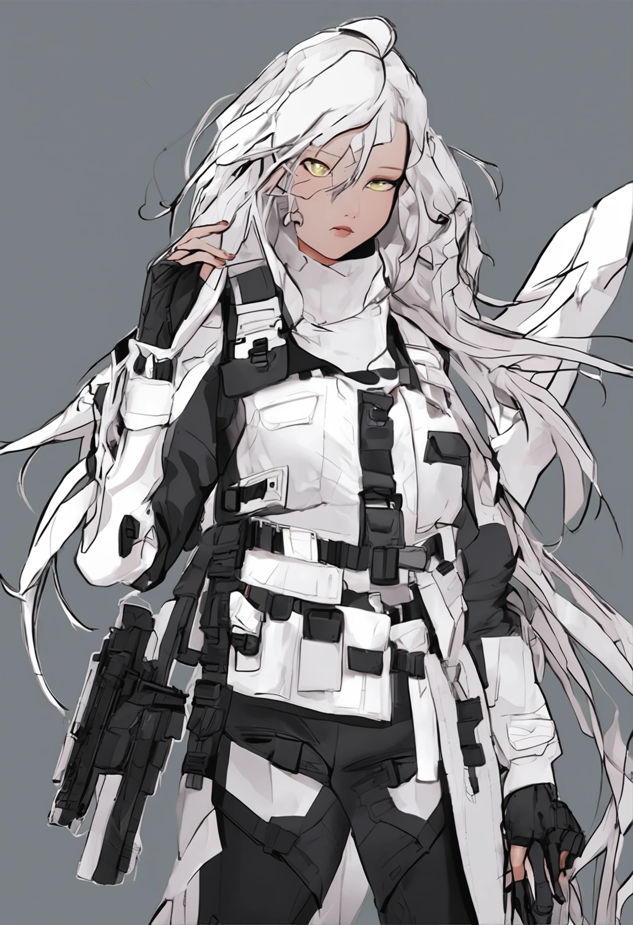 Two-dimensional woman，Long white silky hair，Bright purple pupils，White trench coat with black hard vest armor，The tactical belt hangs with black pockets，Black slim pants，Leggings，A pair of black tactical high-top boots，4k高清