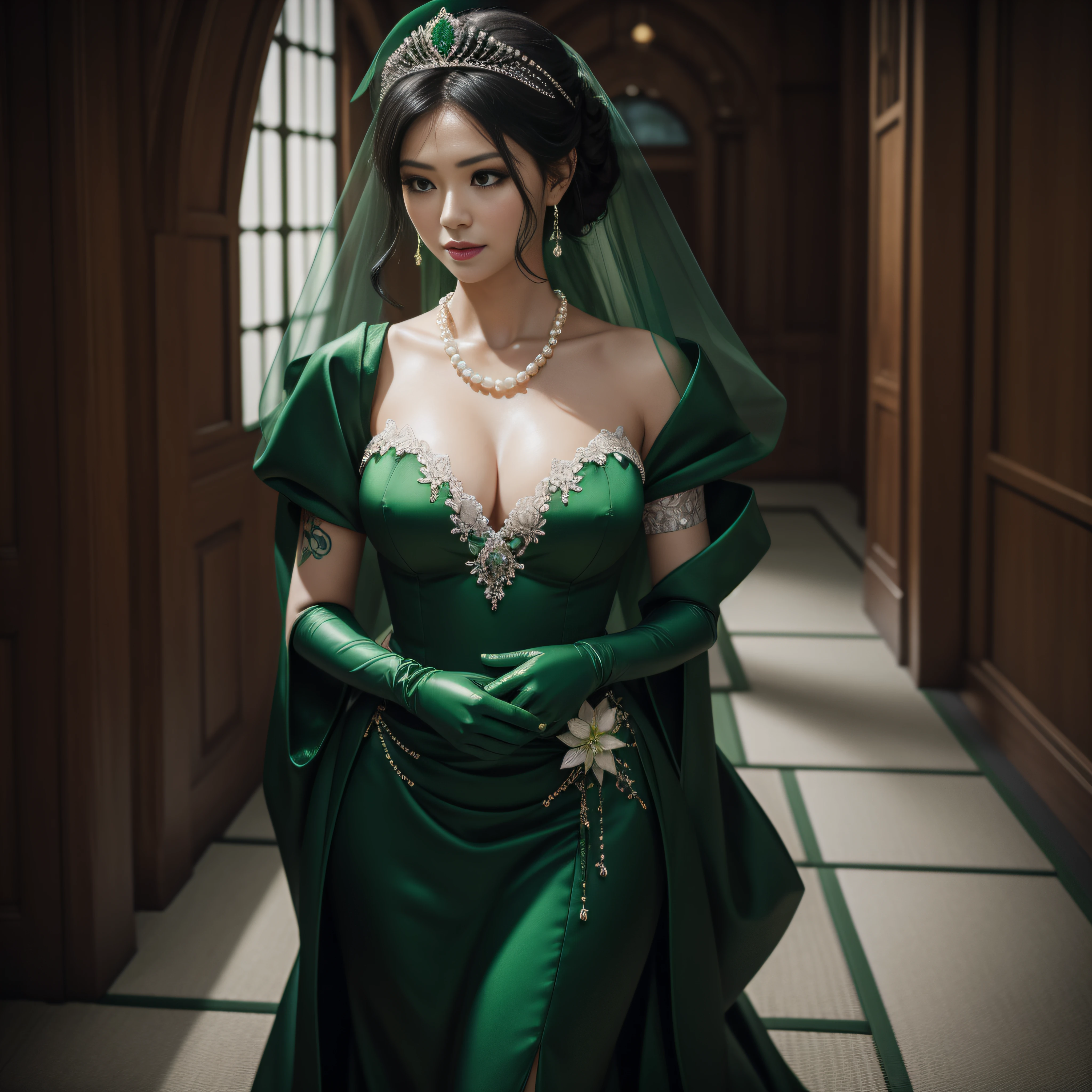 Green Dress Flower Cleanser,Sense of atmosphere, best qualtiy,tmasterpiece,1girll,30-years old,Green dress,Daytime Church,full body Esbian, Green gloves,With short black hair,big breasts beautiful,looking at viewert,ssmile,Green Bridal Veil,Green Long Grove,Satin green long gloves, lipsticks, Pearl Necklace、Green gloves, emerald tiara, A Japanese Lady, The tattoo
