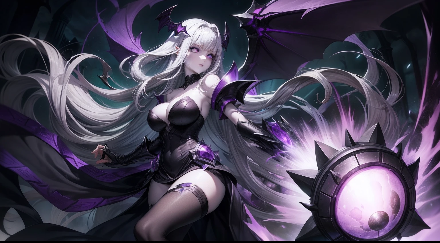 Morgana league of legends, deadly pale gray skin, grey skintone, dead skintone, long purple hair, purple eyes, cursed, huge black angel wings, throwing big purple magic orb, grey skin color