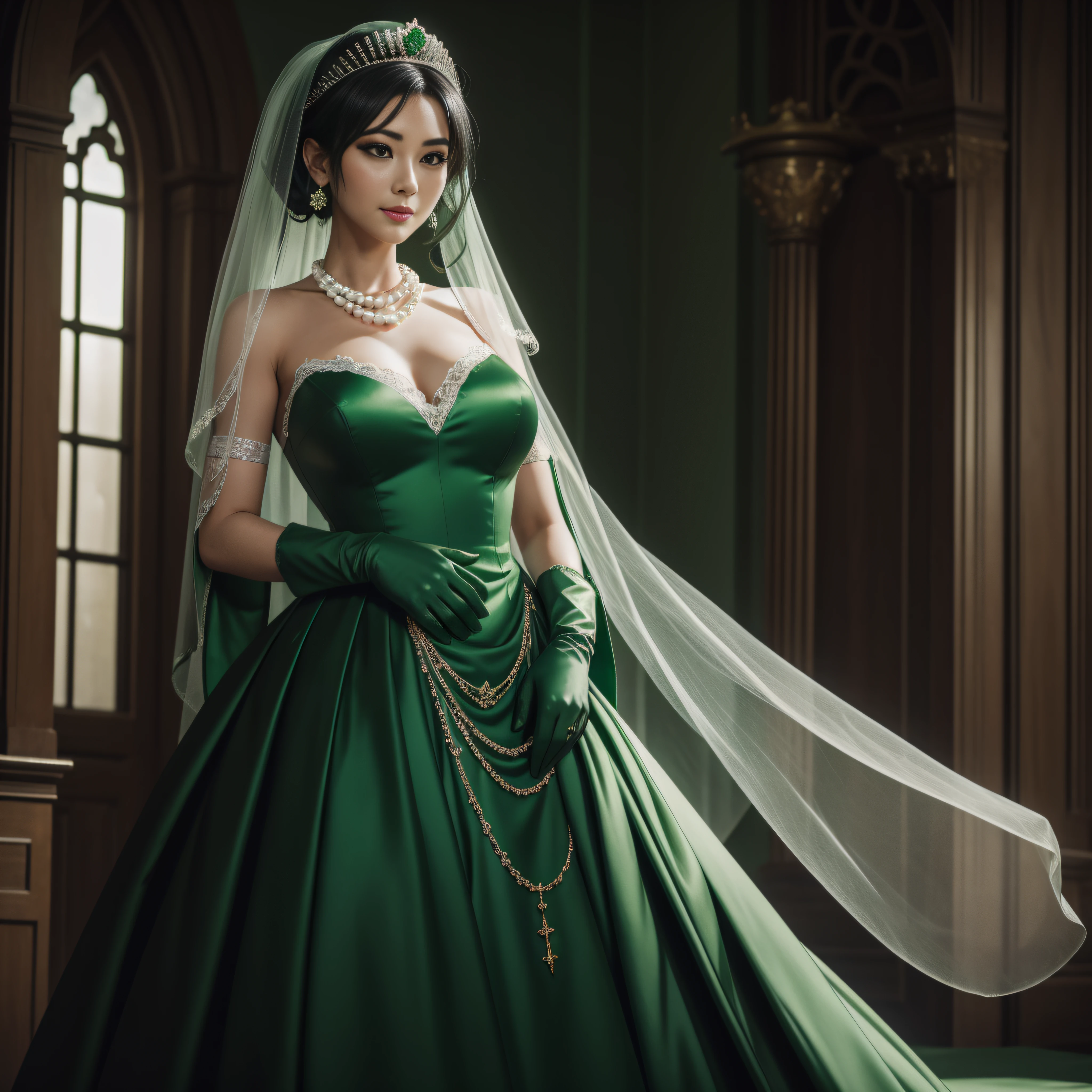 Green Dress Flower Cleanser，Sense of atmosphere, best qualtiy，tmasterpiece，1girll，30-years old，Green dress，Daytime Church，full body Esbian, Green gloves，With short black hair，big breasts beautiful，looking at viewert，ssmile，Green Bridal Veil，Green Long Grove，Satin green long gloves,　lipsticks, Pearl Necklace、Green gloves,　emerald tiara, A Japanese Lady, The tattoo