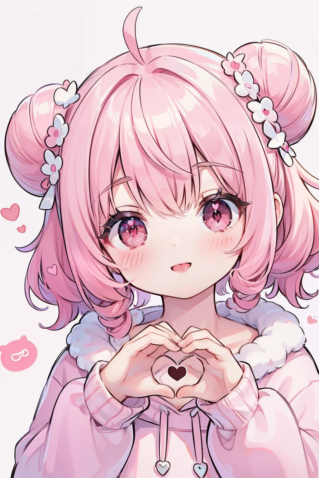 masterpiece, best quality, 1girl, pink hair, short hair, shoulder-length hair, ((curly hair)), two buns, ((red eyes)), (cute), (love), (detail face), wearing animal hoodie, a rabbit hoodie, in the dream, dream background, fantasy background, many hearts, making a heart with hands, pink and white, (smiling), happy